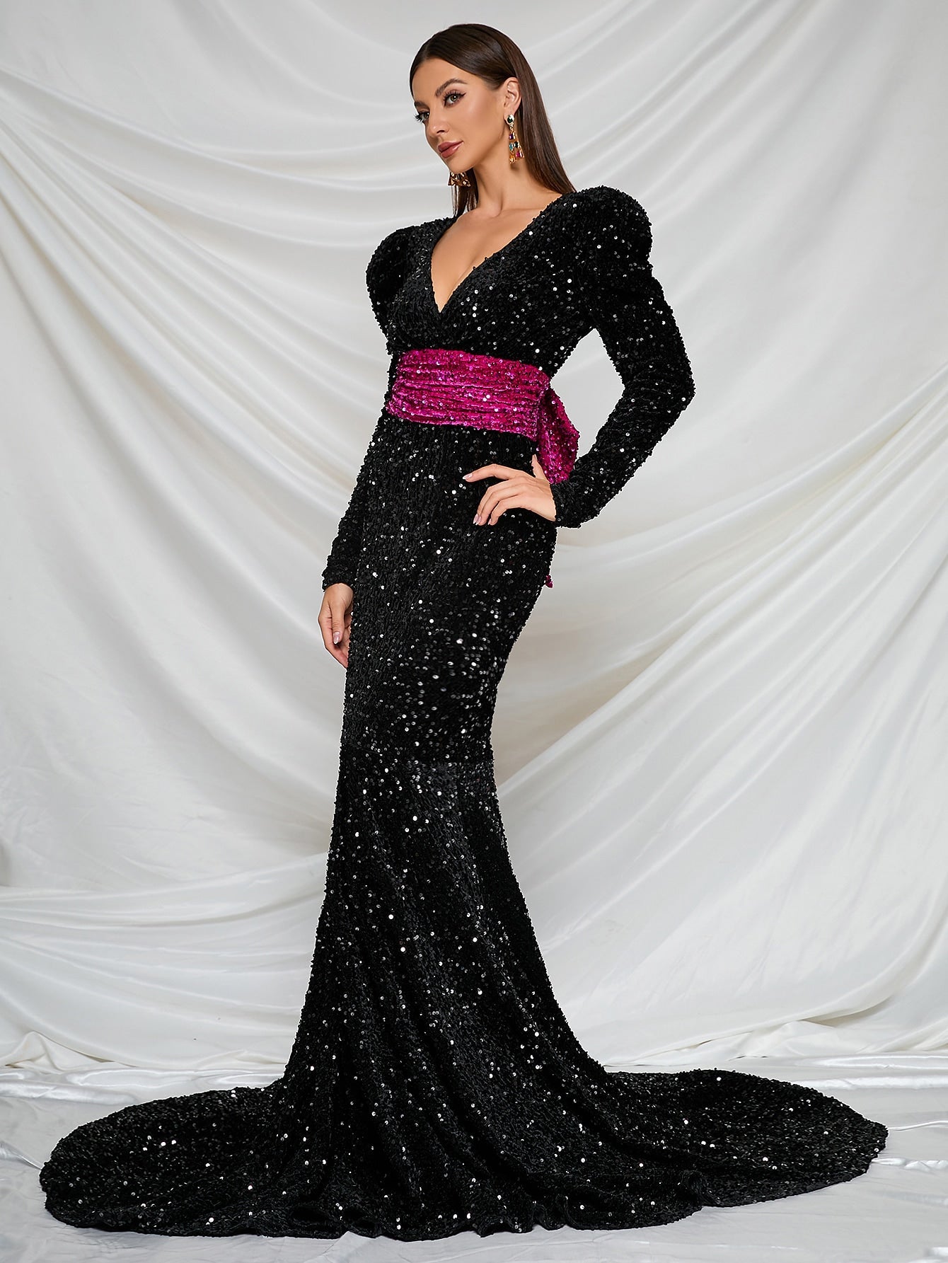 Deep V Neck Bow Back Sequin Floor Length Prom Dress