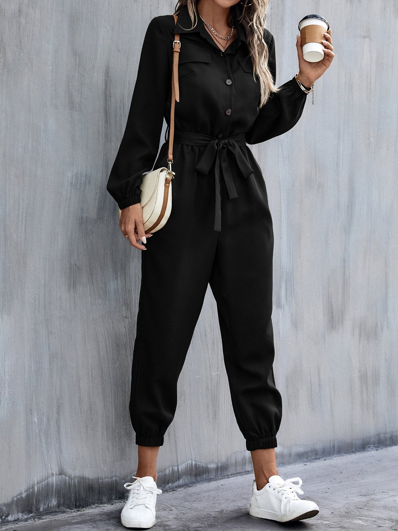 LUNE Button Front Belt Jumpsuit