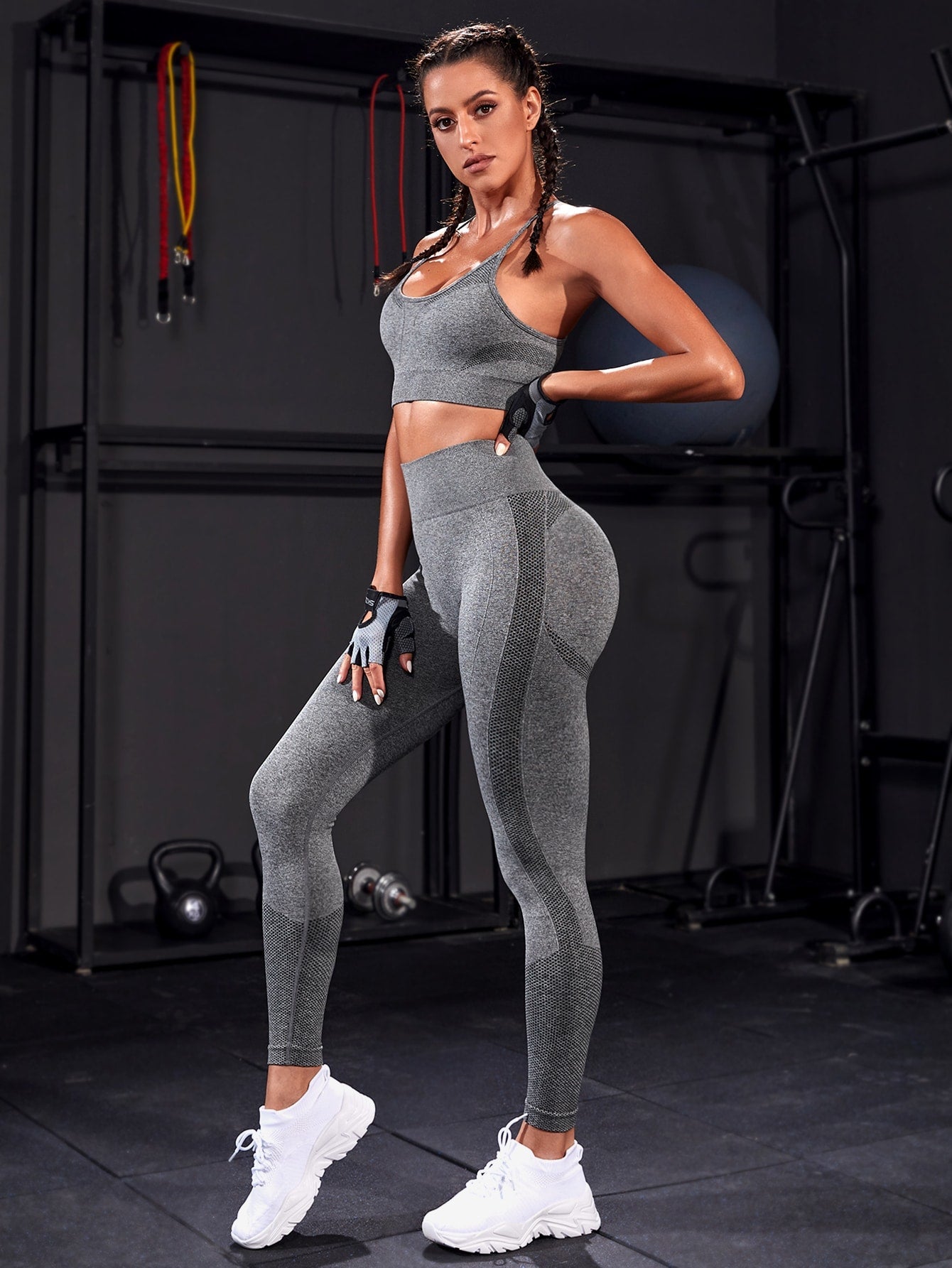 Yoga Basic 2pcs Seamless Yoga Set Sports Suit Crisscross Back Hollow Out Cami Tummy Control Hip-hugging Leggings