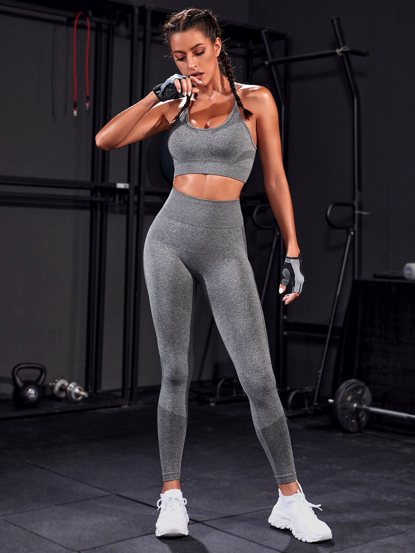 Yoga Basic 2pcs Seamless Yoga Set Sports Suit Crisscross Back Hollow Out Cami Tummy Control Hip-hugging Leggings