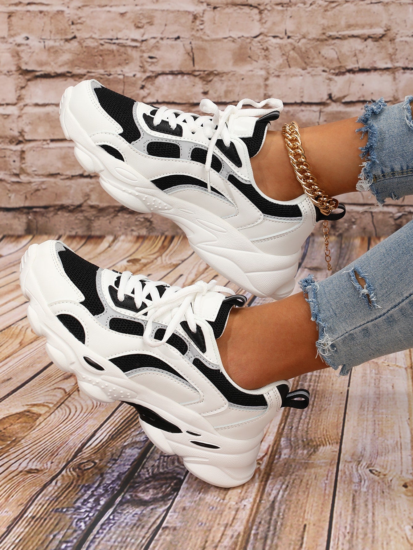 Women's Fashion Black & White Patchwork Sport Sneakers Chunky Shoes