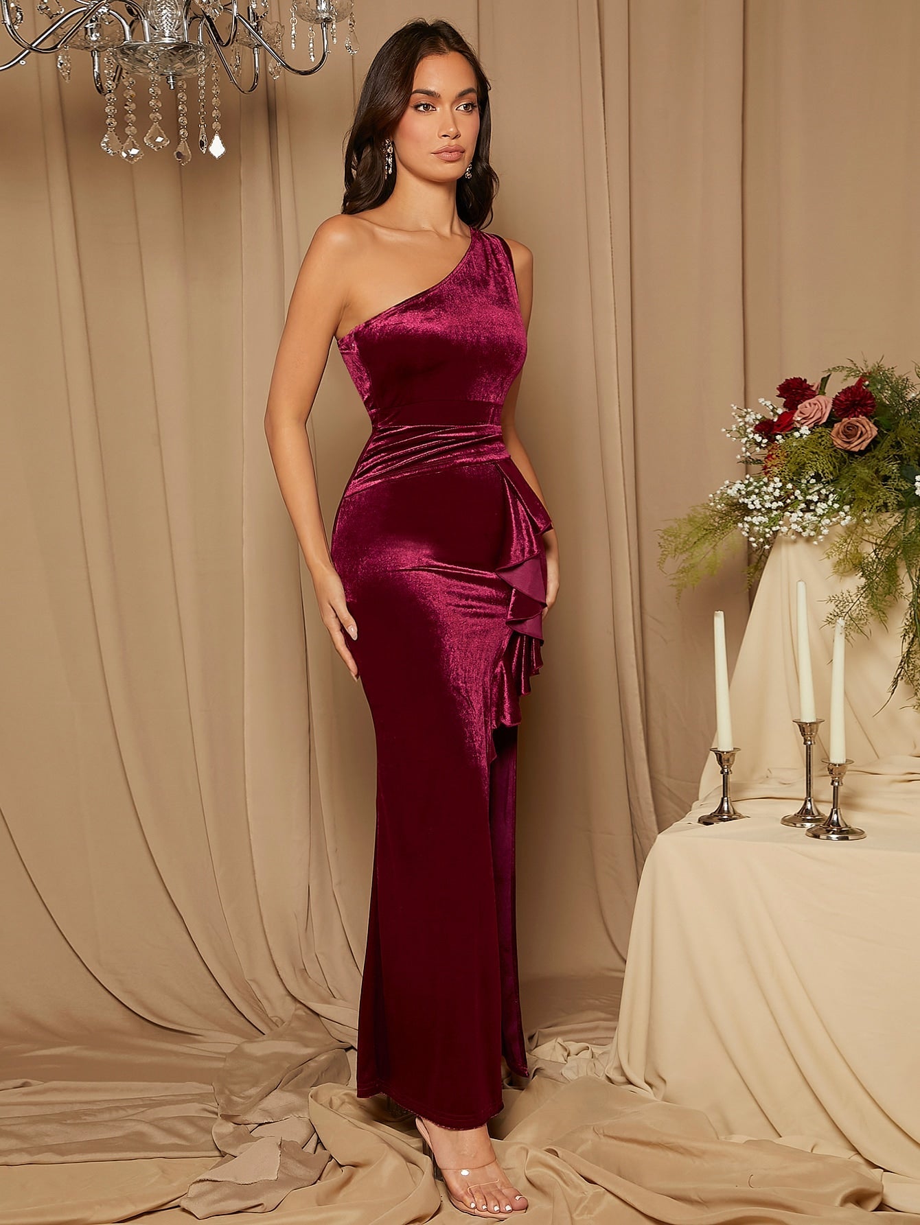 Belle One Shoulder Ruffle Trim Split Thigh Velvet Bridesmaid Dress