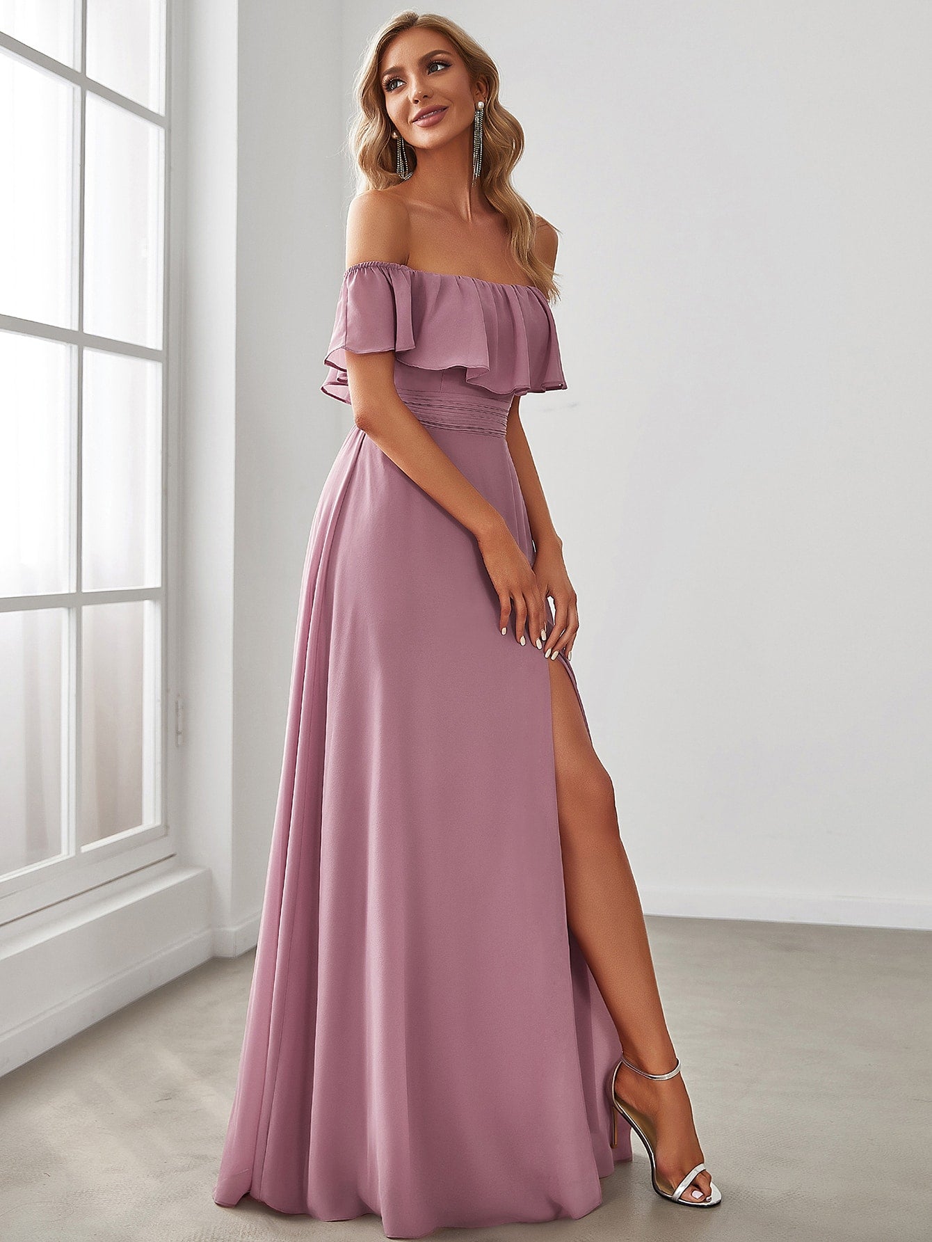 EVER-PRETTY Ruffle Off Shoulder Split Prom Dress