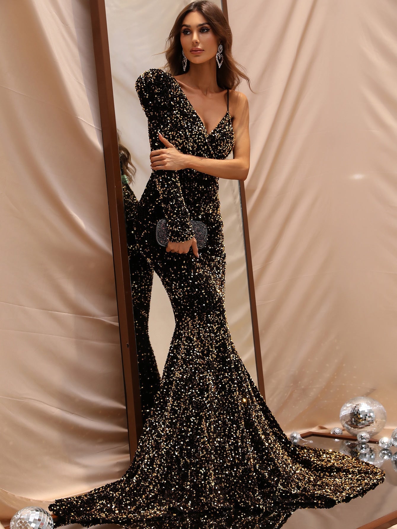 Asymmetrical Neck Sequin Prom Dress