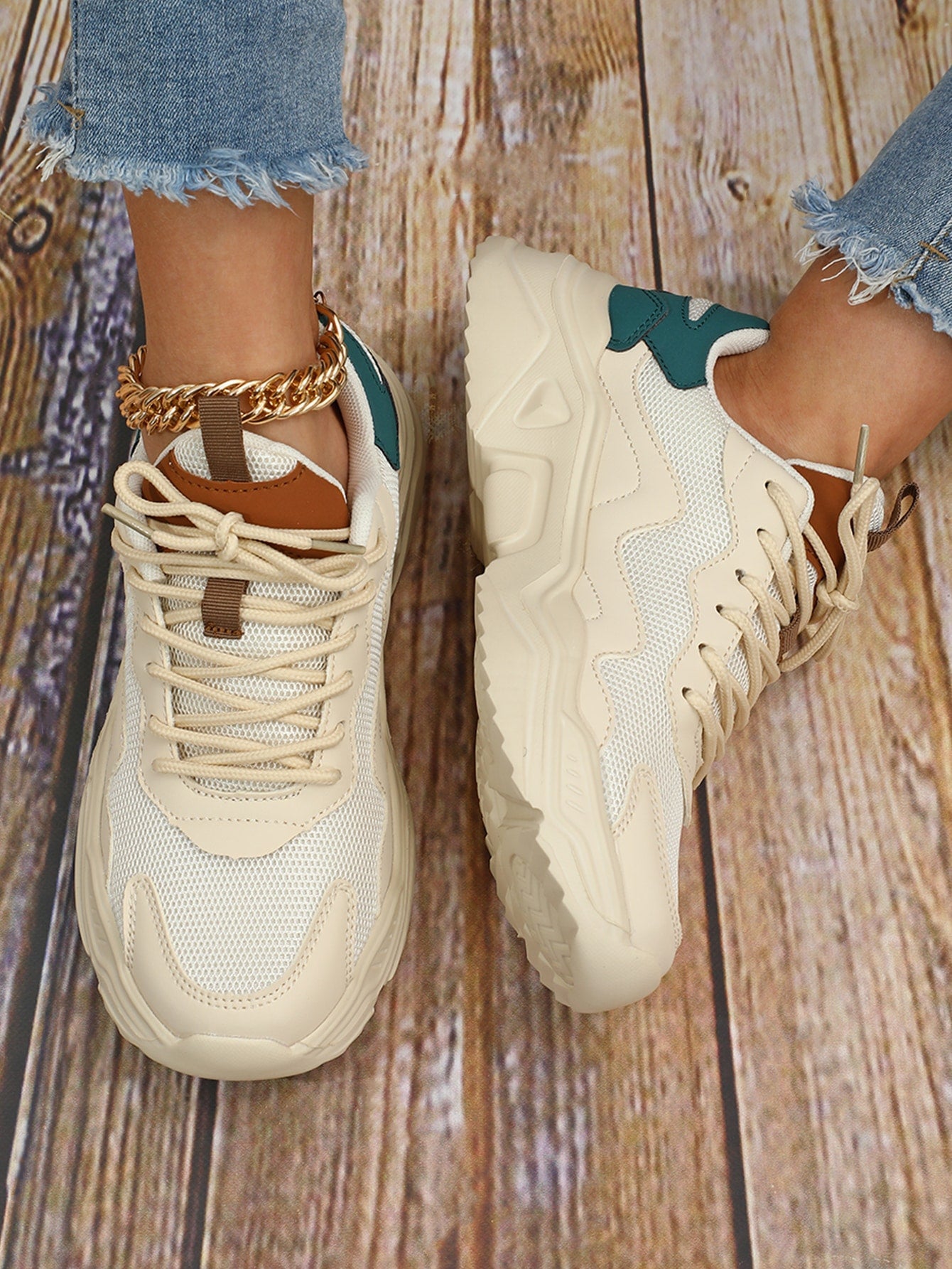 Color Block Lace-up Front Chunky Sneakers