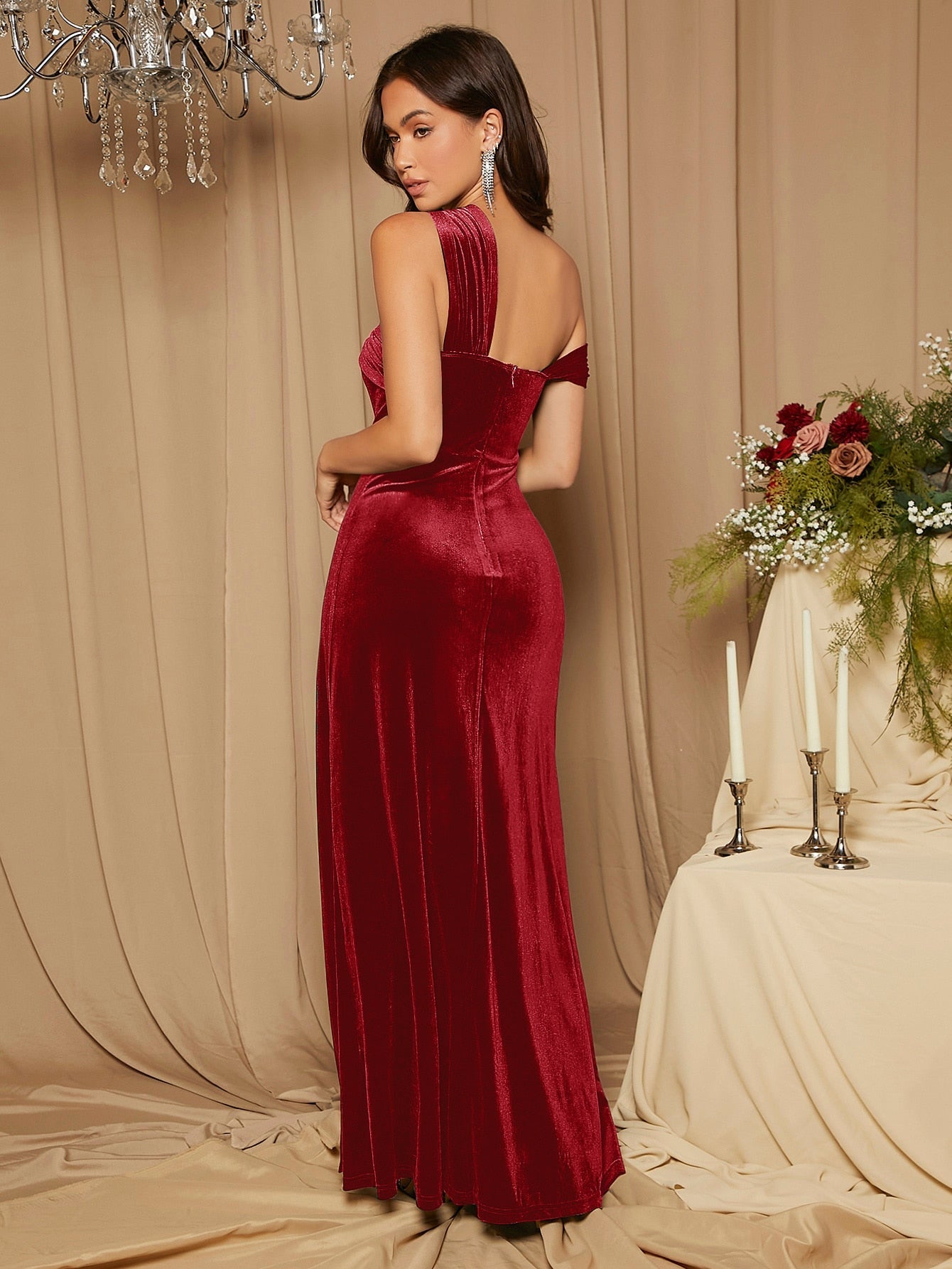 Belle Asymmetric Neckline High Slit Velvet Bridesmaid Formal Dress