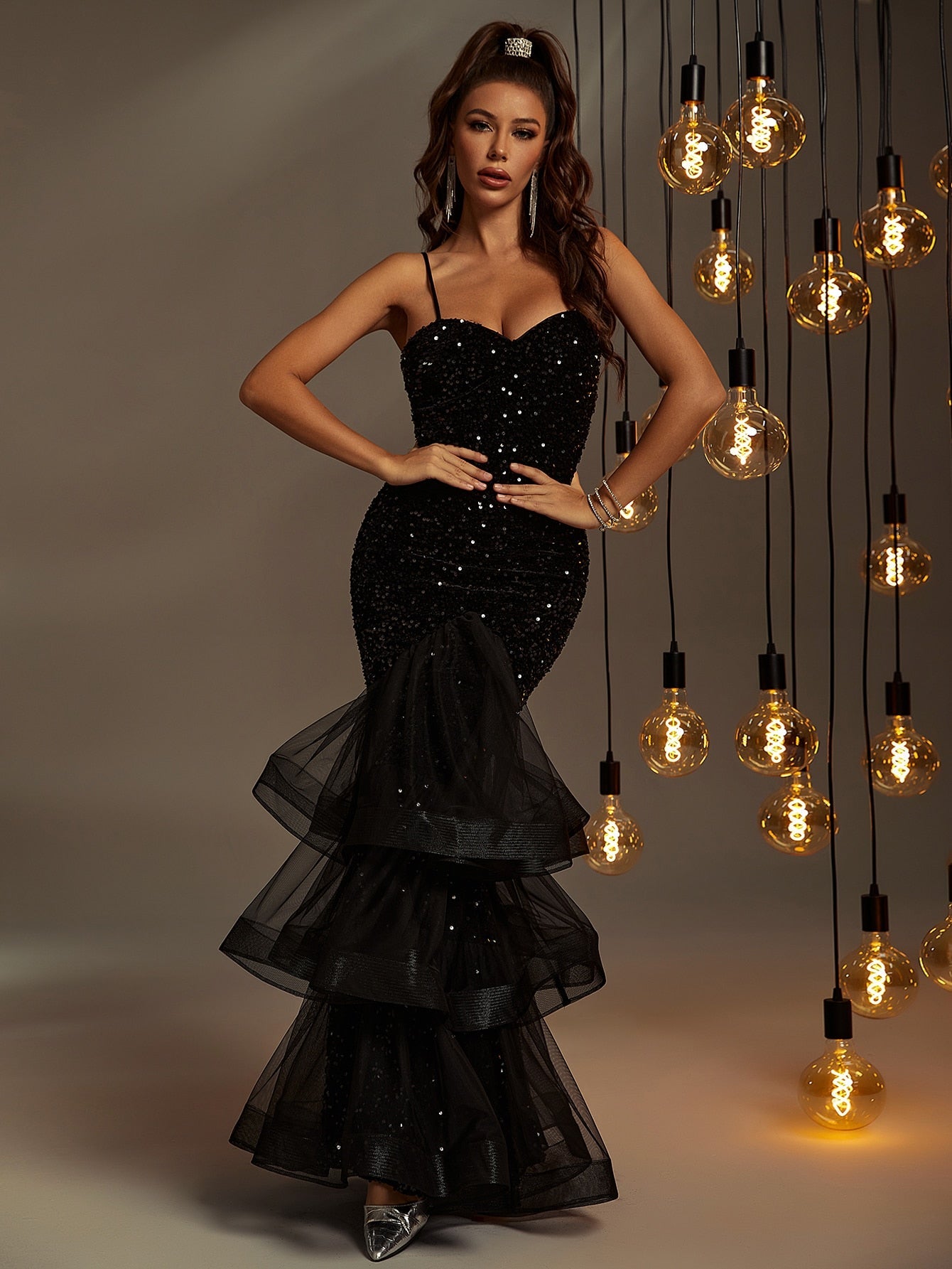 Contrast Mesh Mermaid Hem Sequin Formal Dress