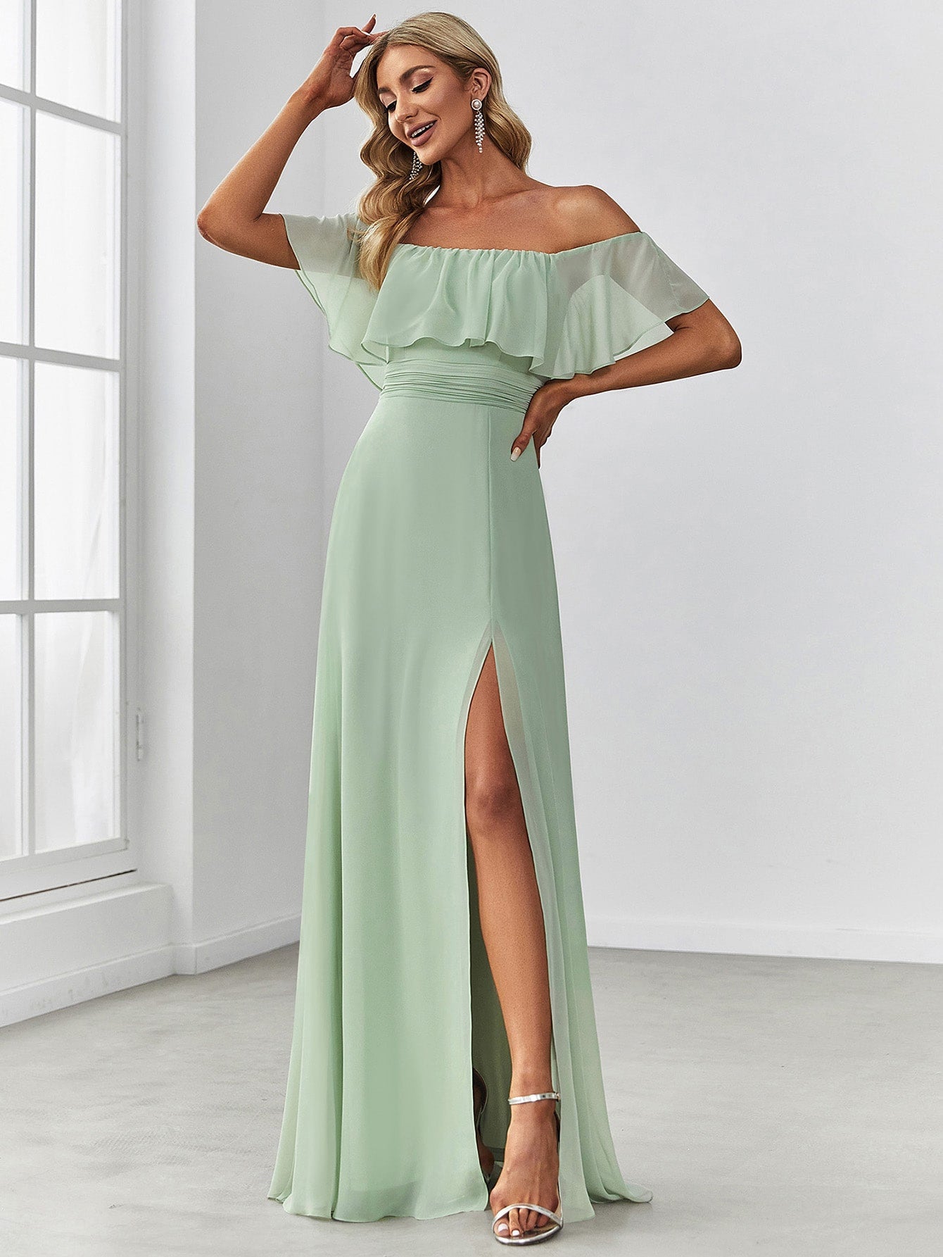 EVER-PRETTY Ruffle Off Shoulder Split Prom Dress