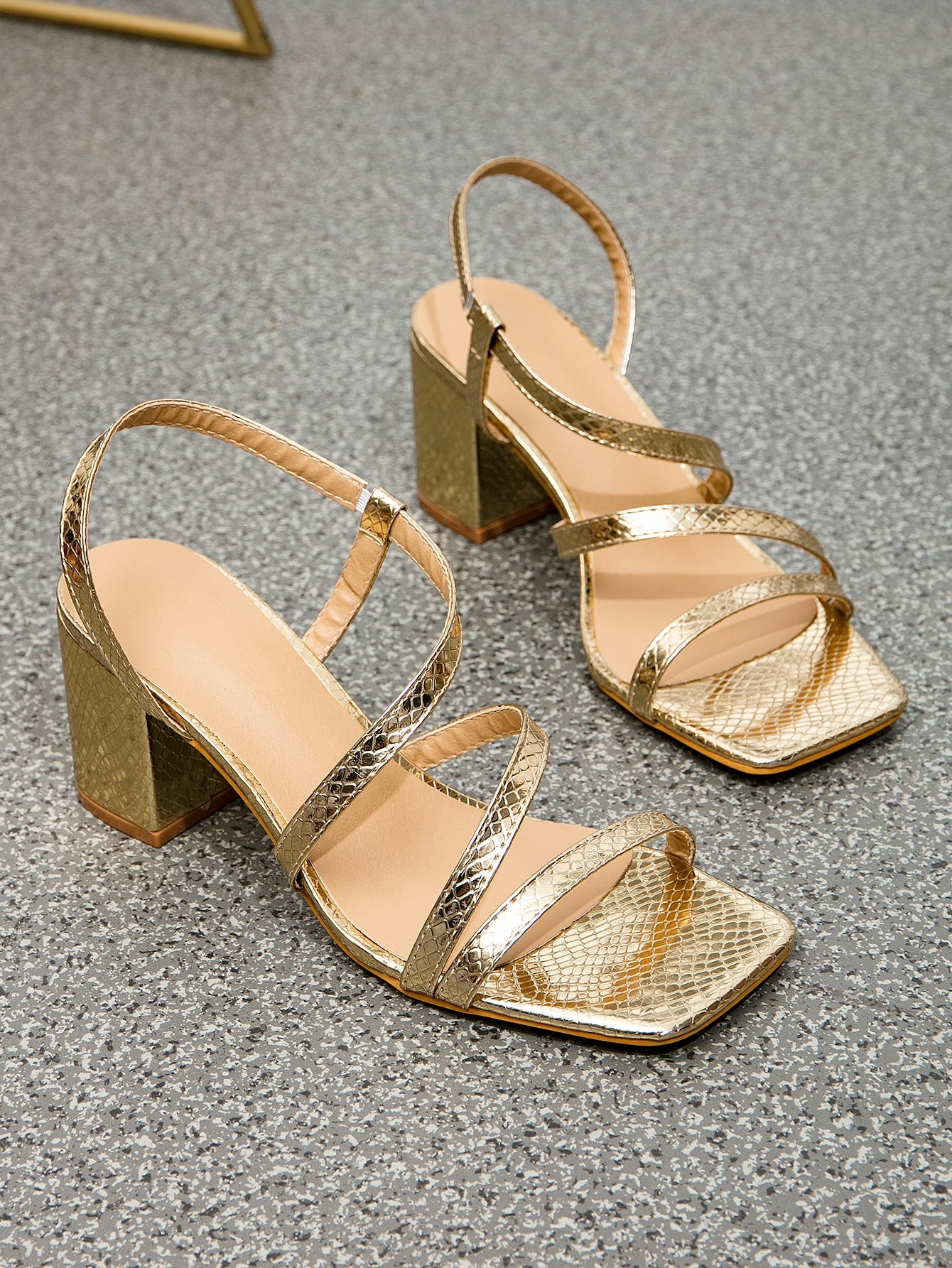 Women Metallic Snakeskin Embossed Chunky Heeled Slingback Sandals, Glamorous Summer Heeled Sandals