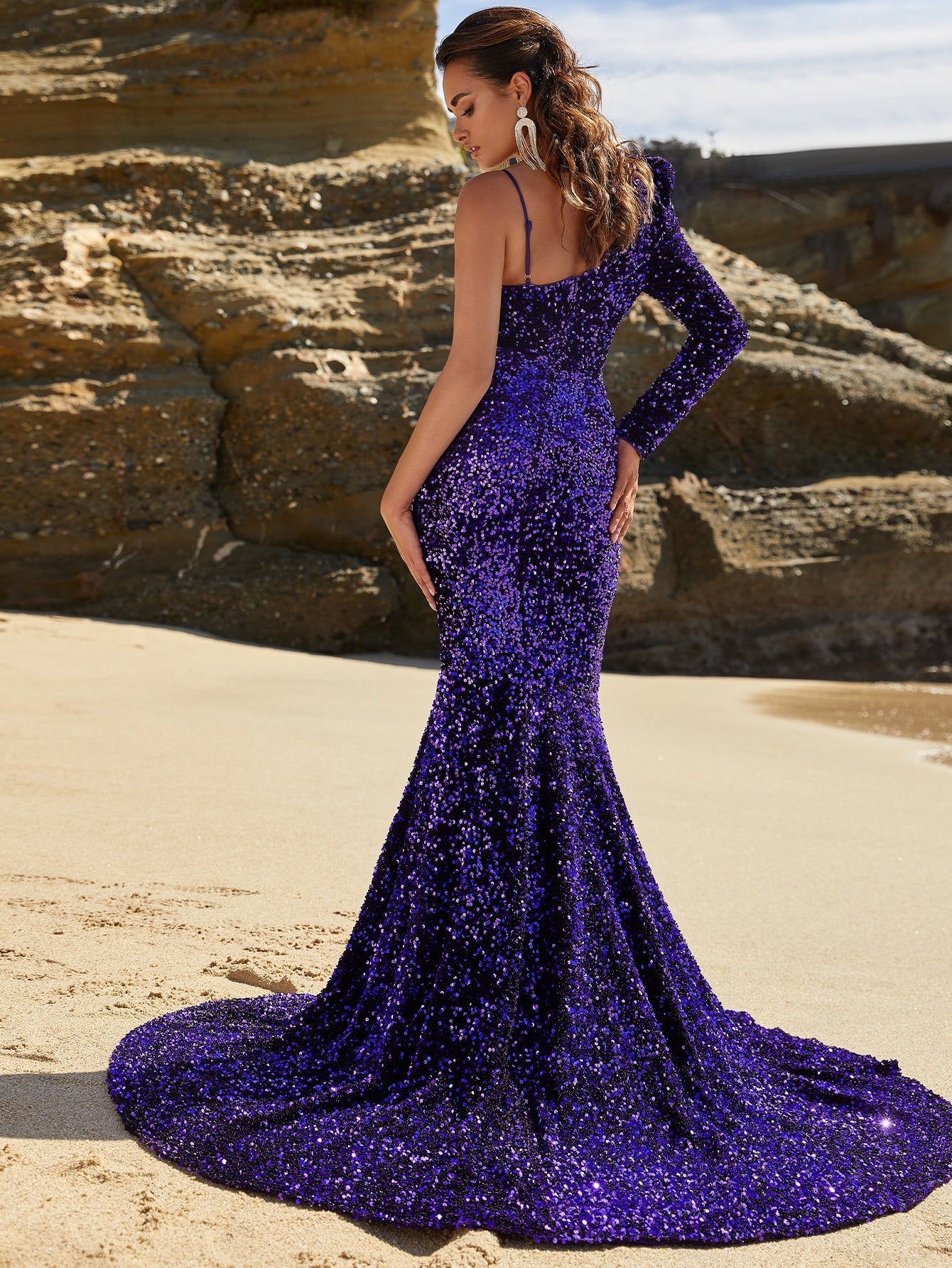 Asymmetrical Neck Sequin Prom Dress