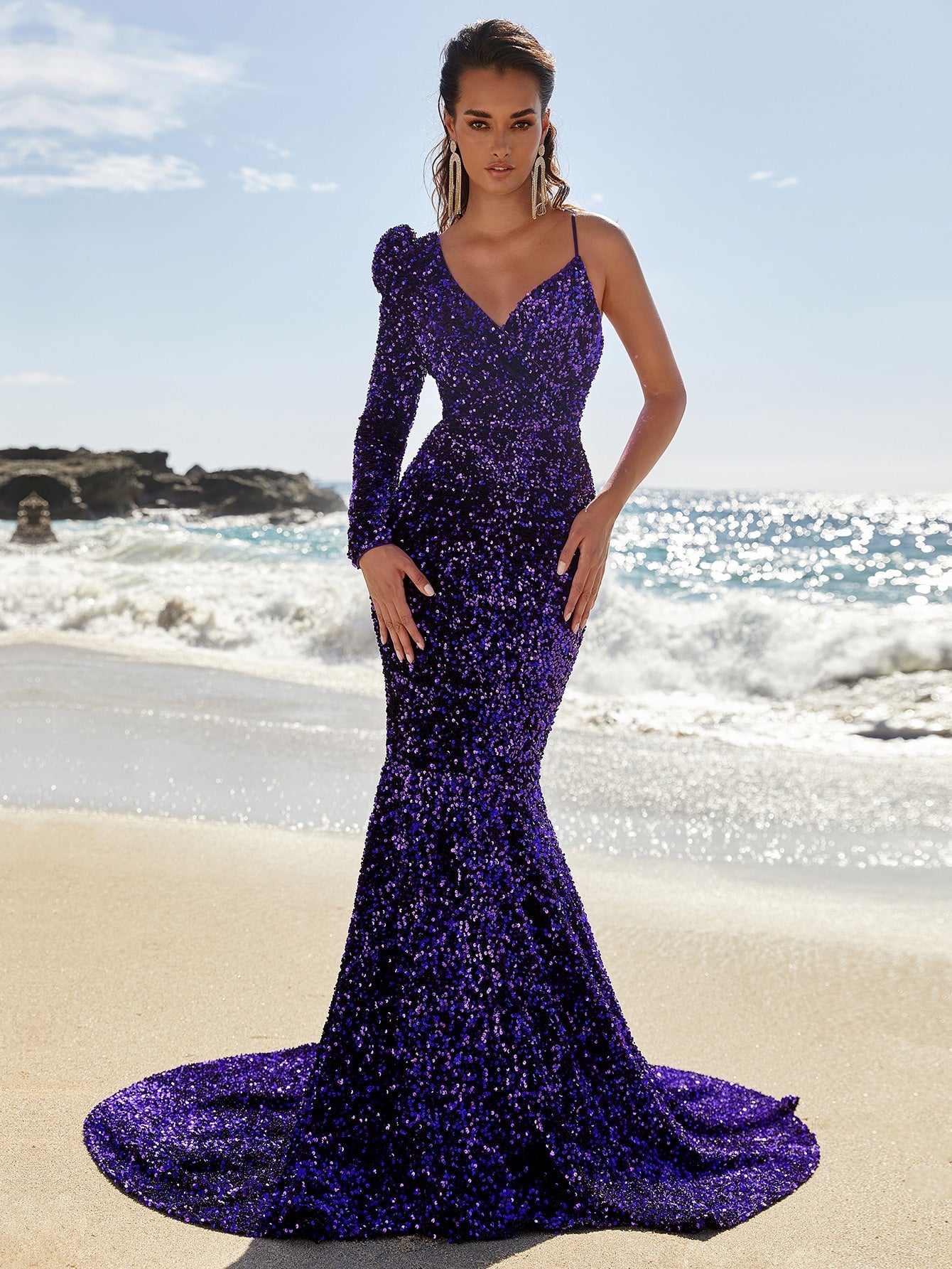 Asymmetrical Neck Sequin Prom Dress