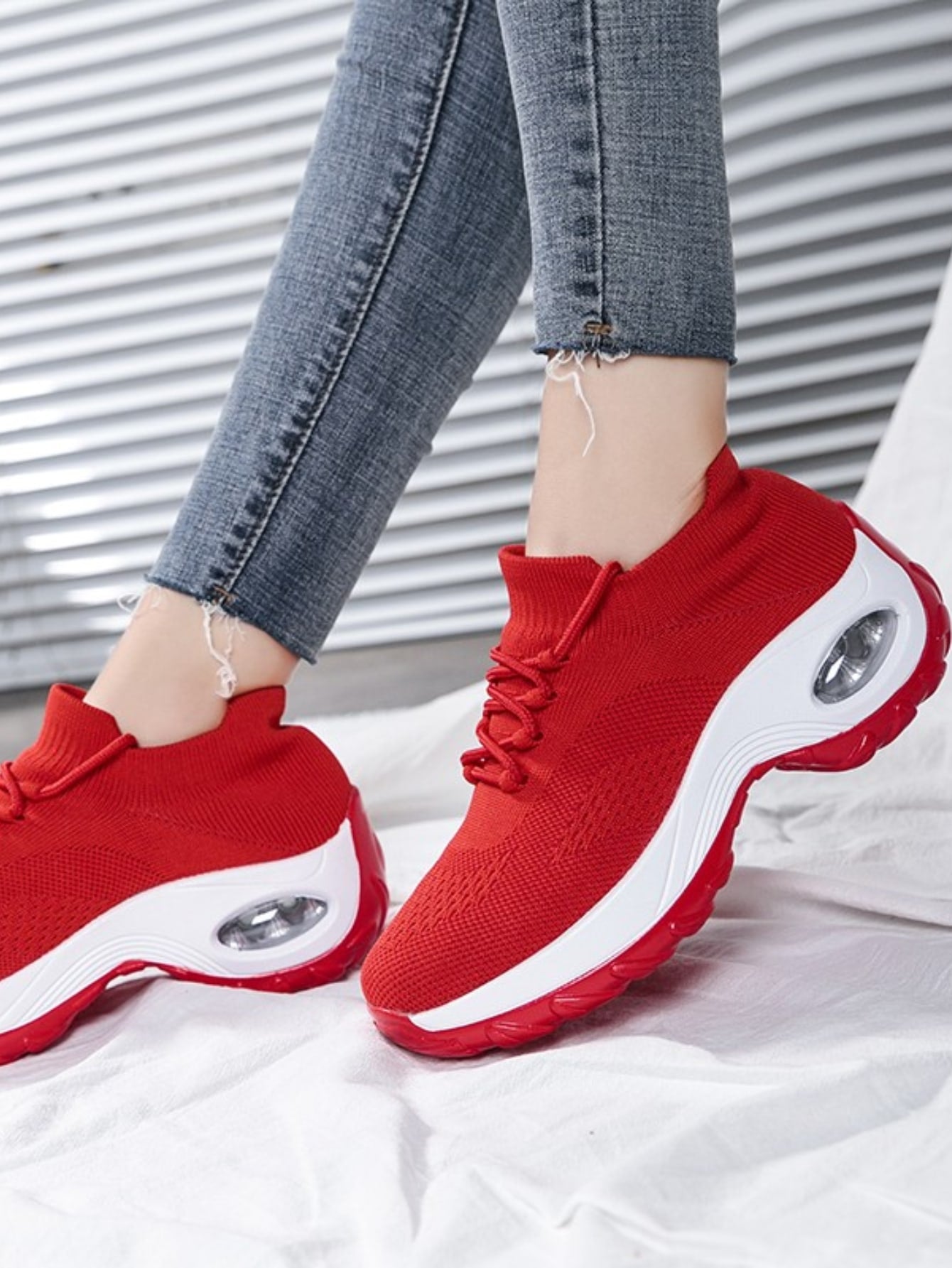 Women'S Lace-Up Knit Breathable Running Shoes, Non-Slip Platform Mesh Sneakers With Air Cushion, Women'S Footwear