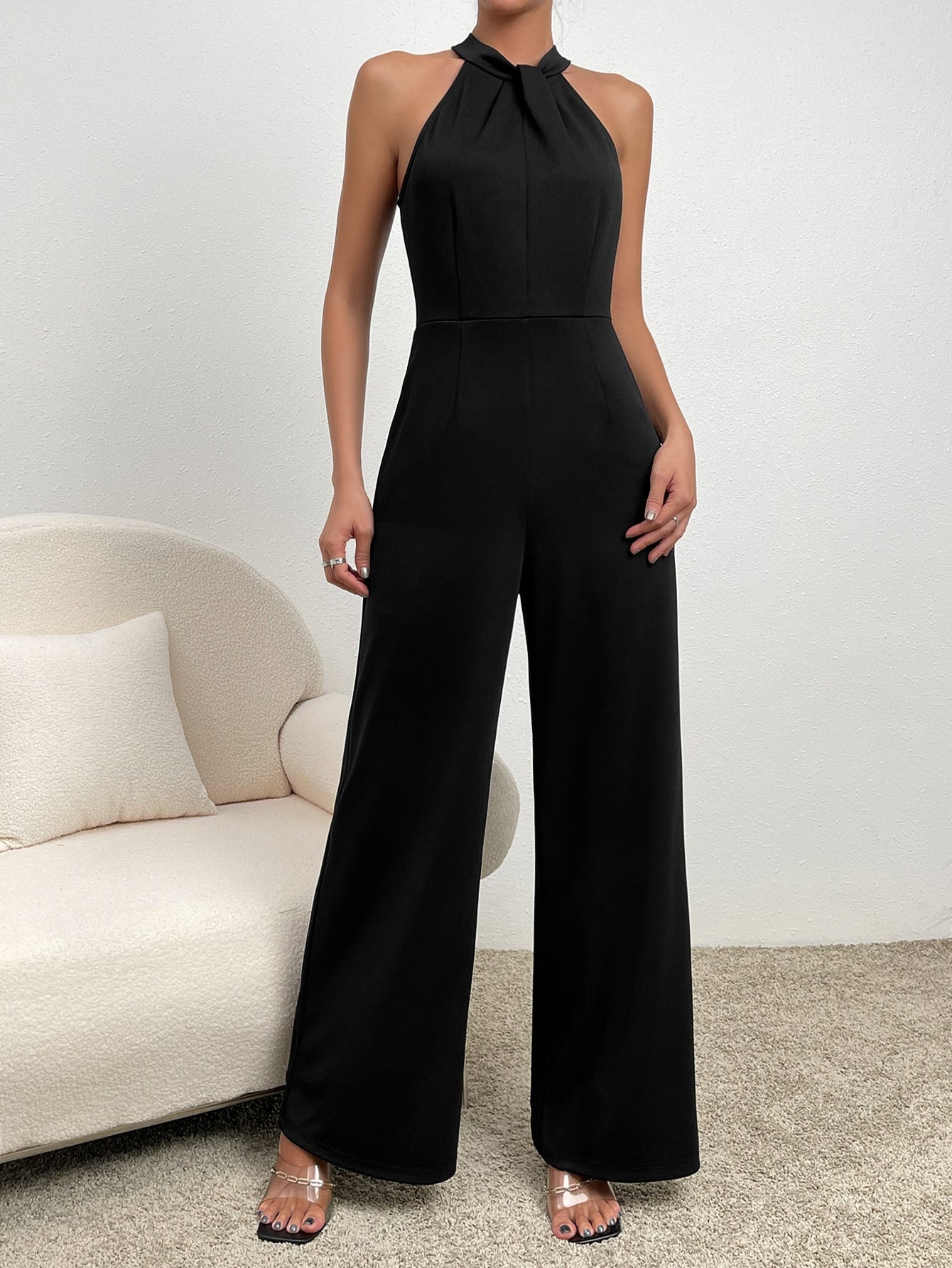 Privé Zipper Back Halter Neck Wide Leg Jumpsuit