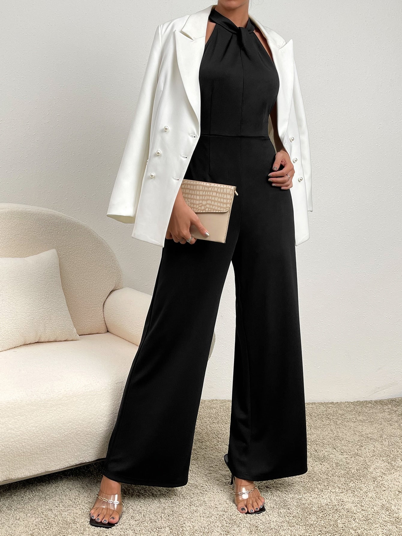 Privé Zipper Back Halter Neck Wide Leg Jumpsuit