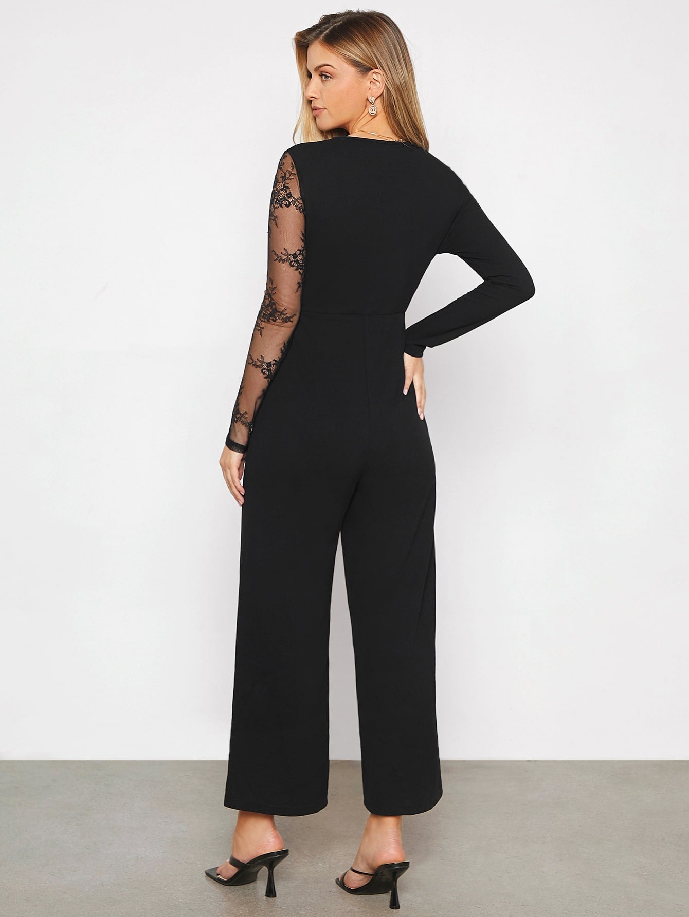 BIZwear Contrast Lace V Neck Wide Leg Jumpsuit Without Belt Workwear