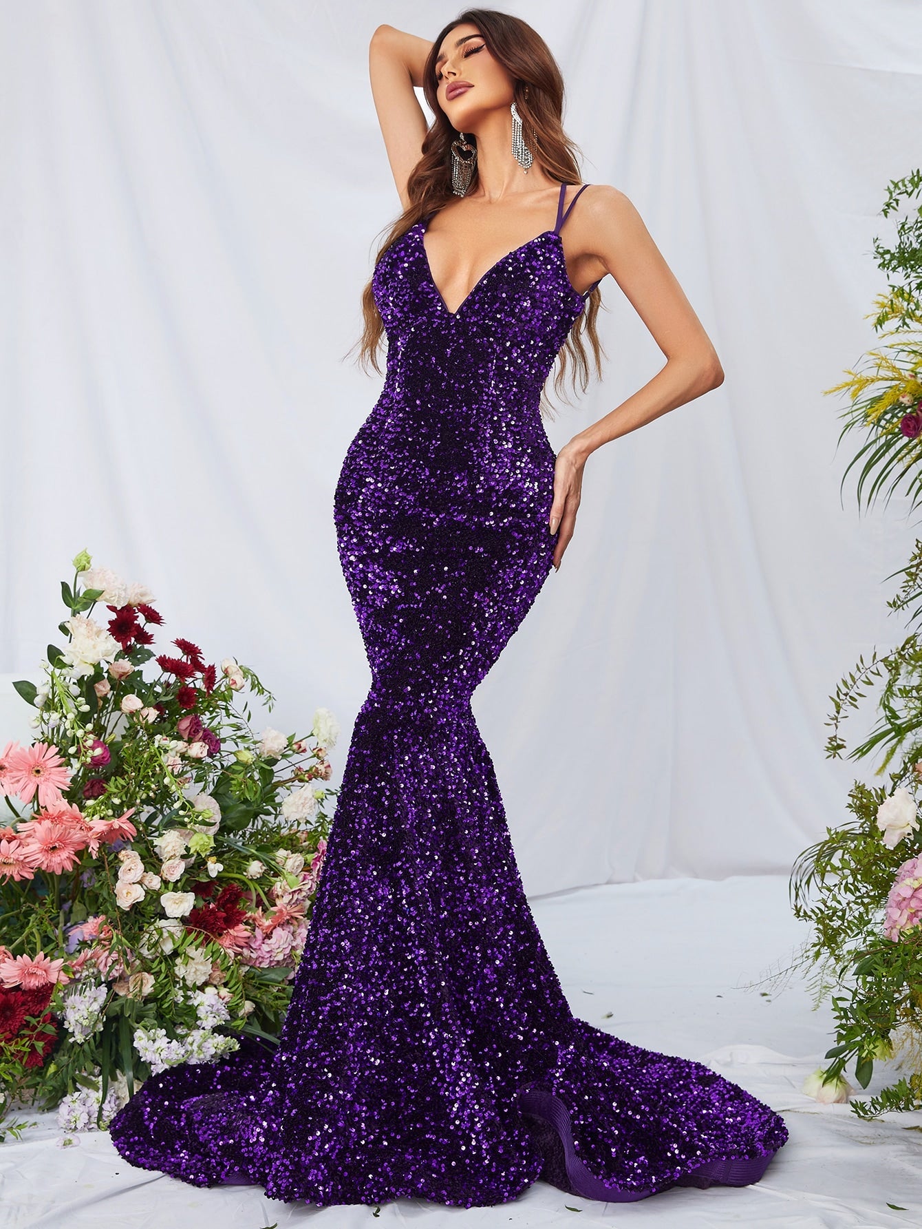 Mermaid Hem Crisscross Backless Sequin Formal Dress