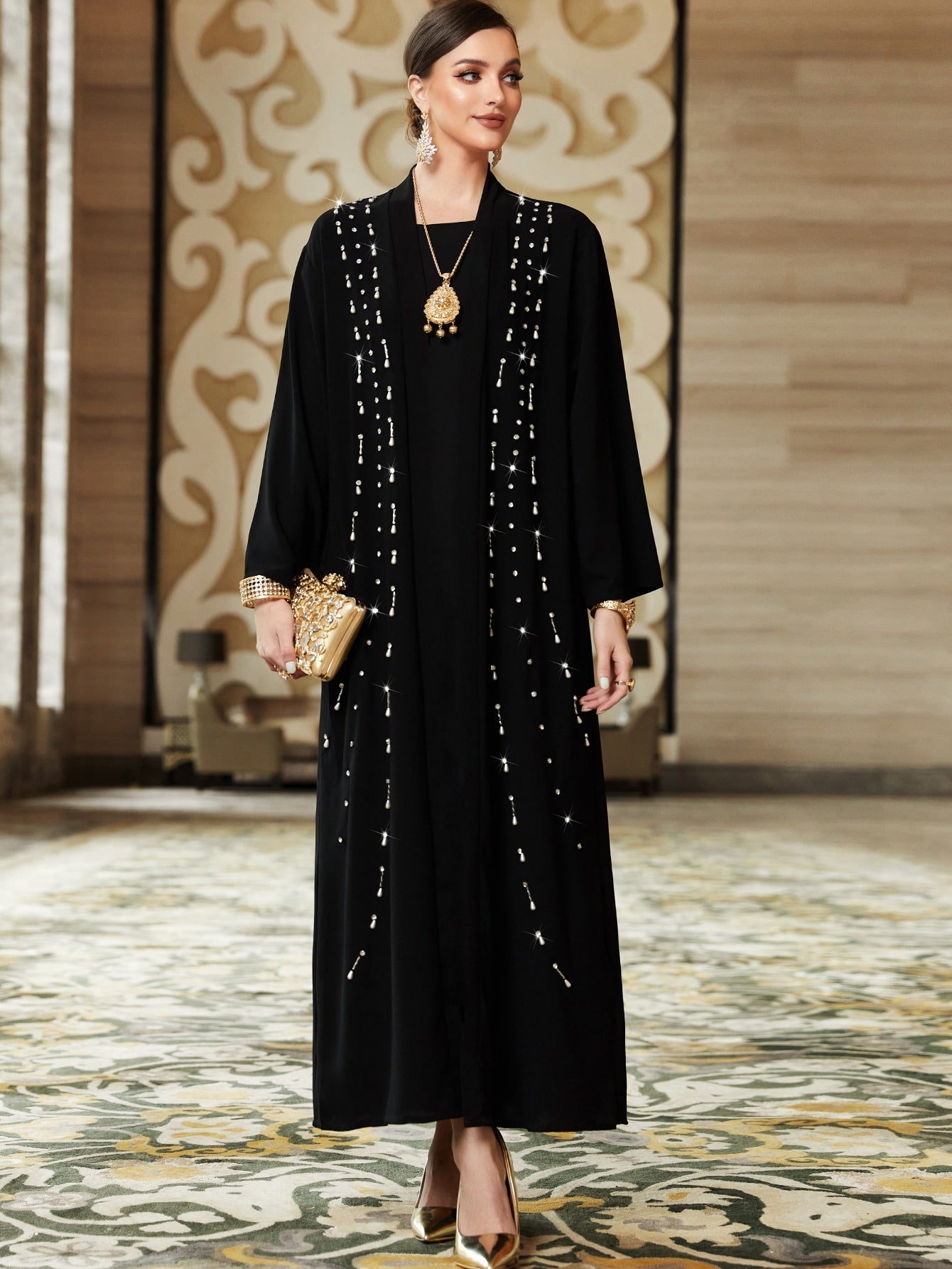 Najma 2pcs/set Rhinestone Decorated Abaya And Solid Color Dress