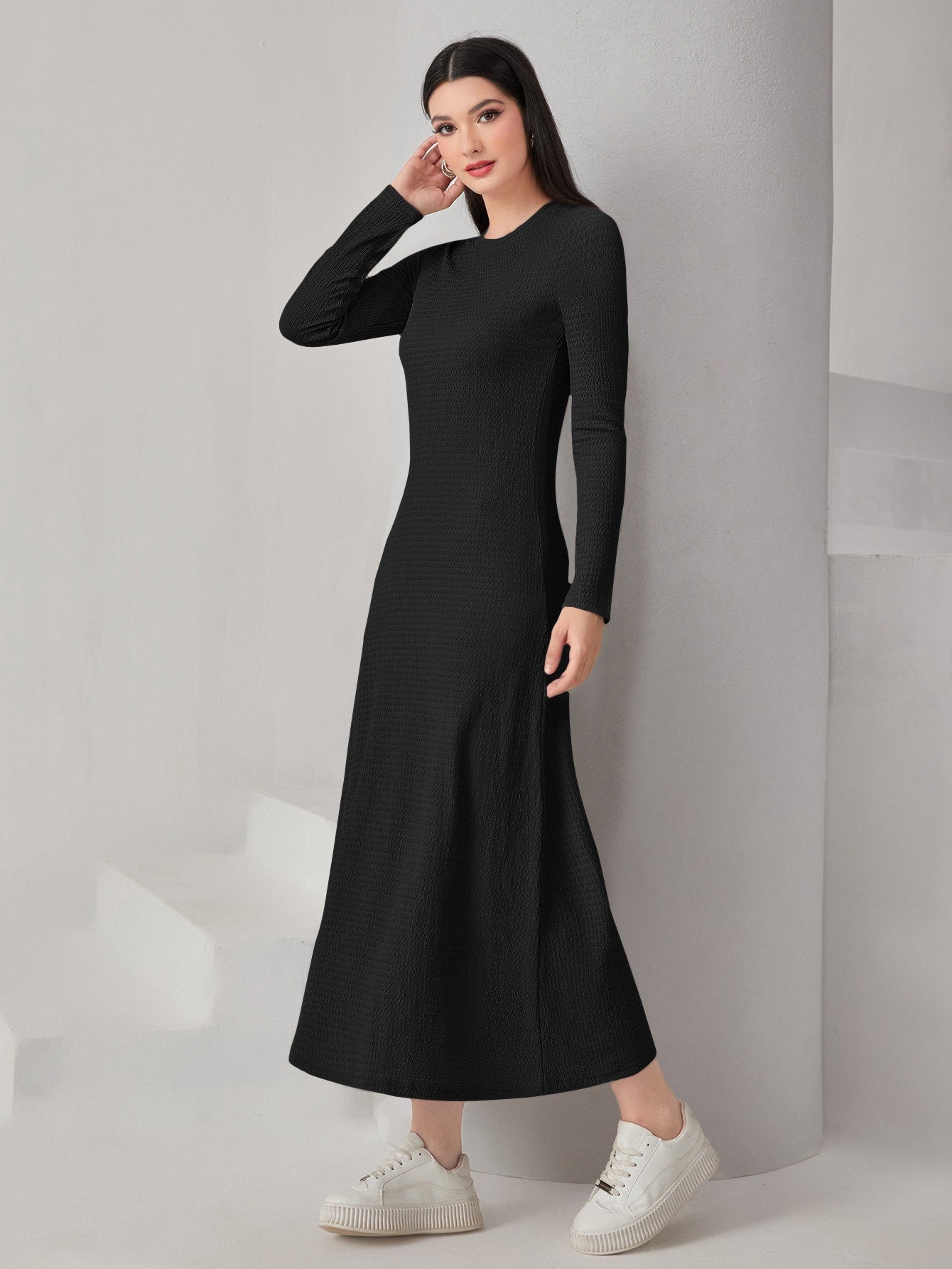 Mulvari Textured Knit Open Front Abaya & Dress