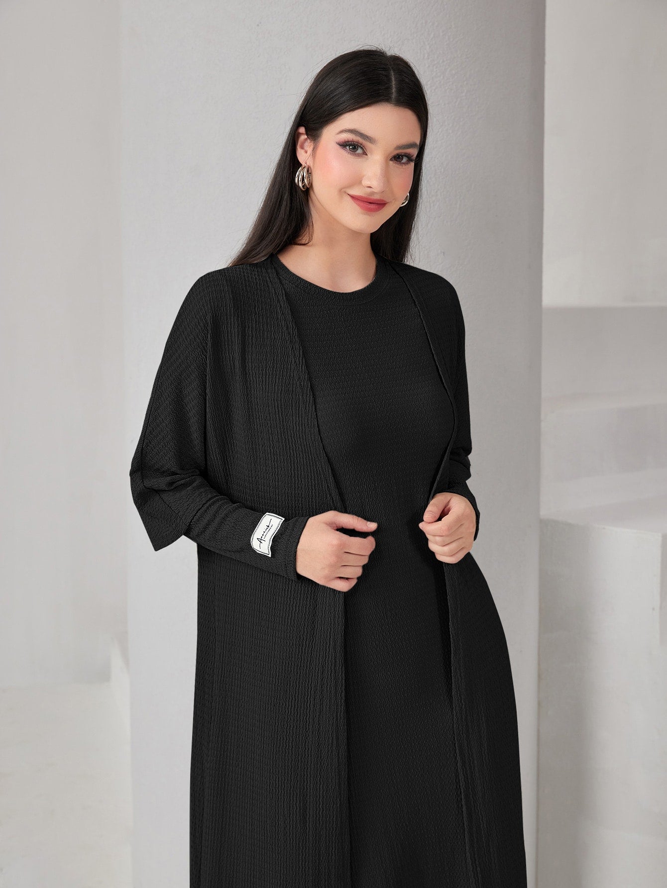 Mulvari Textured Knit Open Front Abaya & Dress