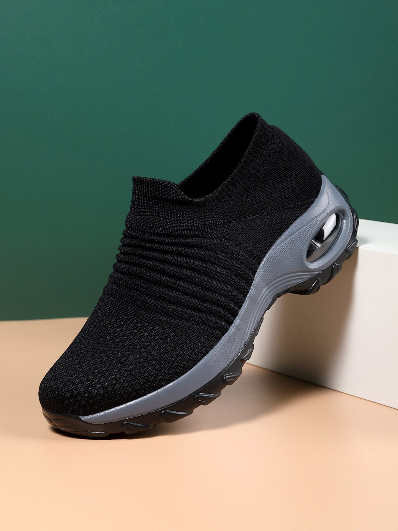 Sporty Black Solid Dance Shoes For Women, Knit Detail Slip-on Sneakers