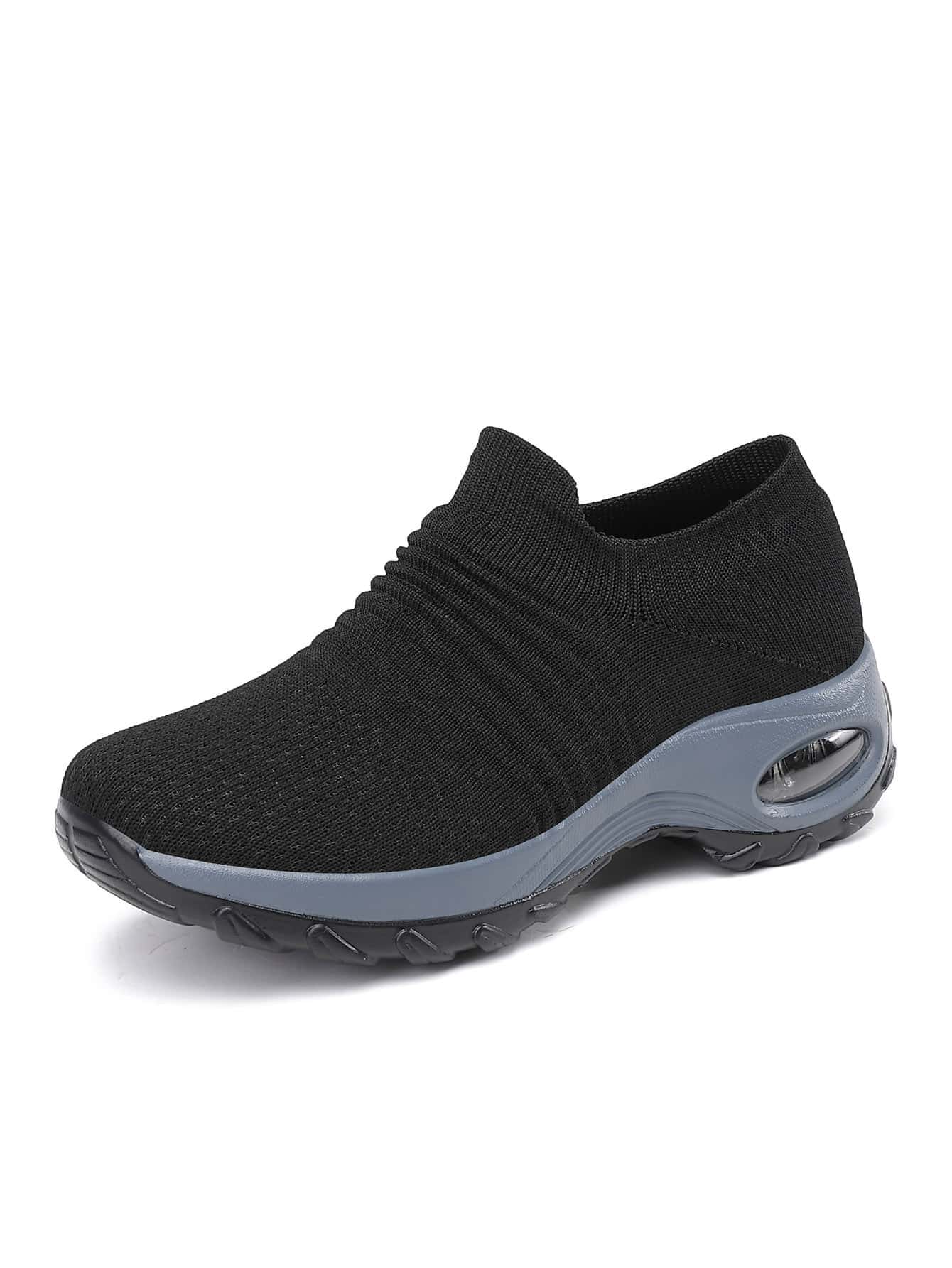 Sporty Black Solid Dance Shoes For Women, Knit Detail Slip-on Sneakers