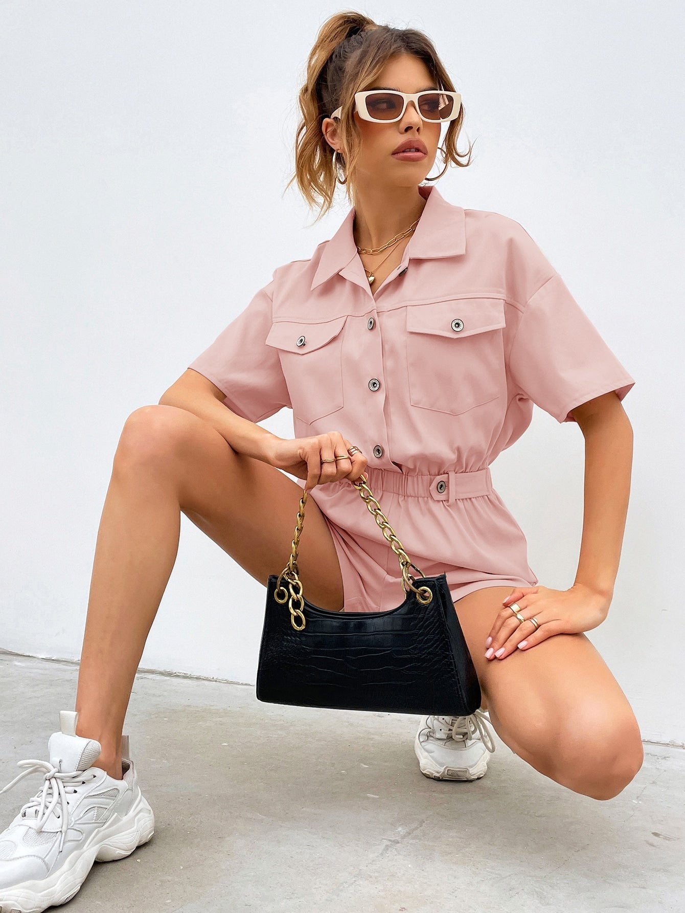 Buttoned Front Pocket Patched Shirt Romper