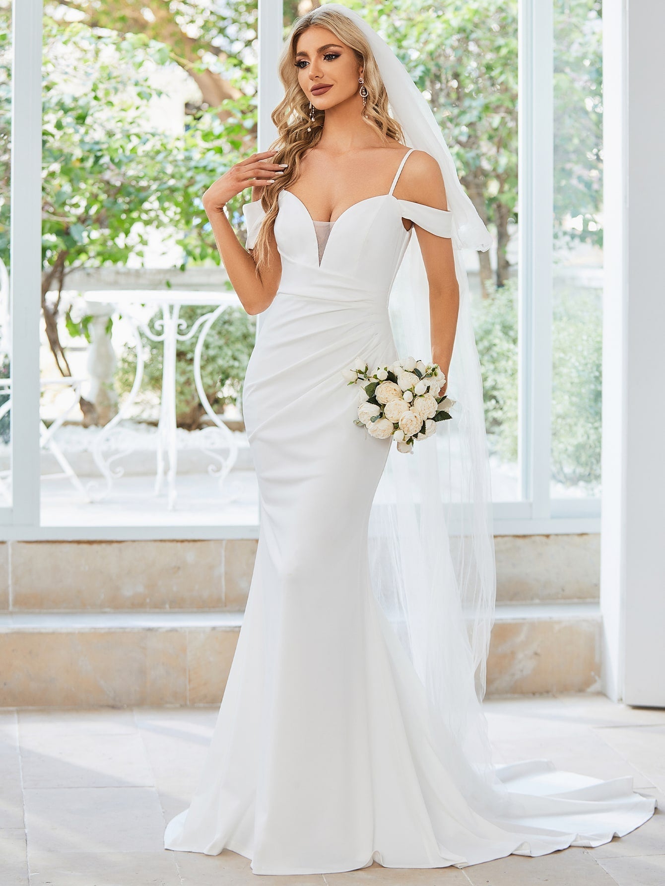 EVER-PRETTY Cold Shoulder Mesh Insert Floor Length Wedding Dress