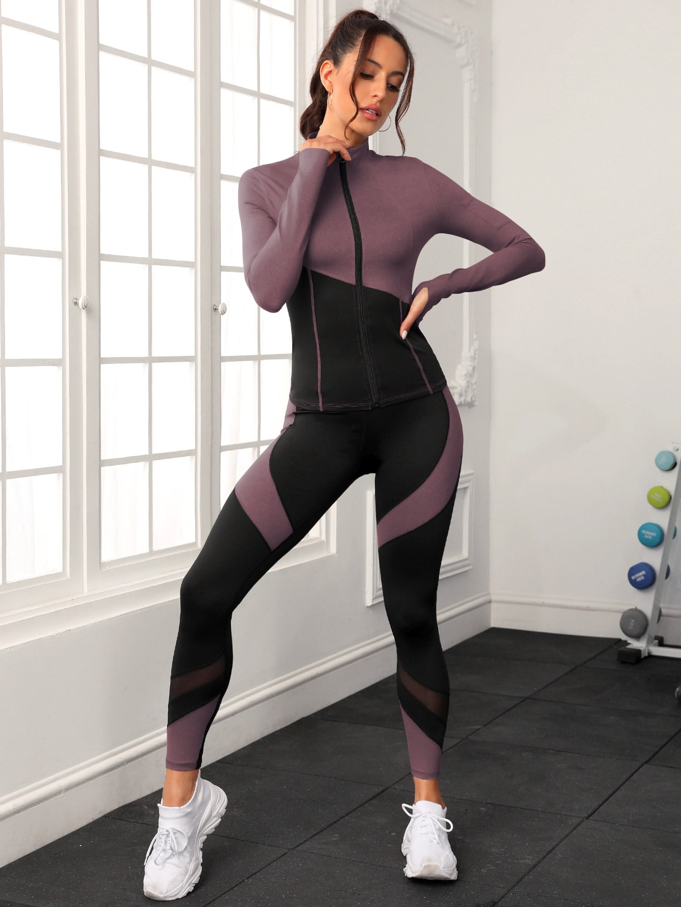 Yoga Basic Two Tone Mesh Insert Zip Up Sports Set