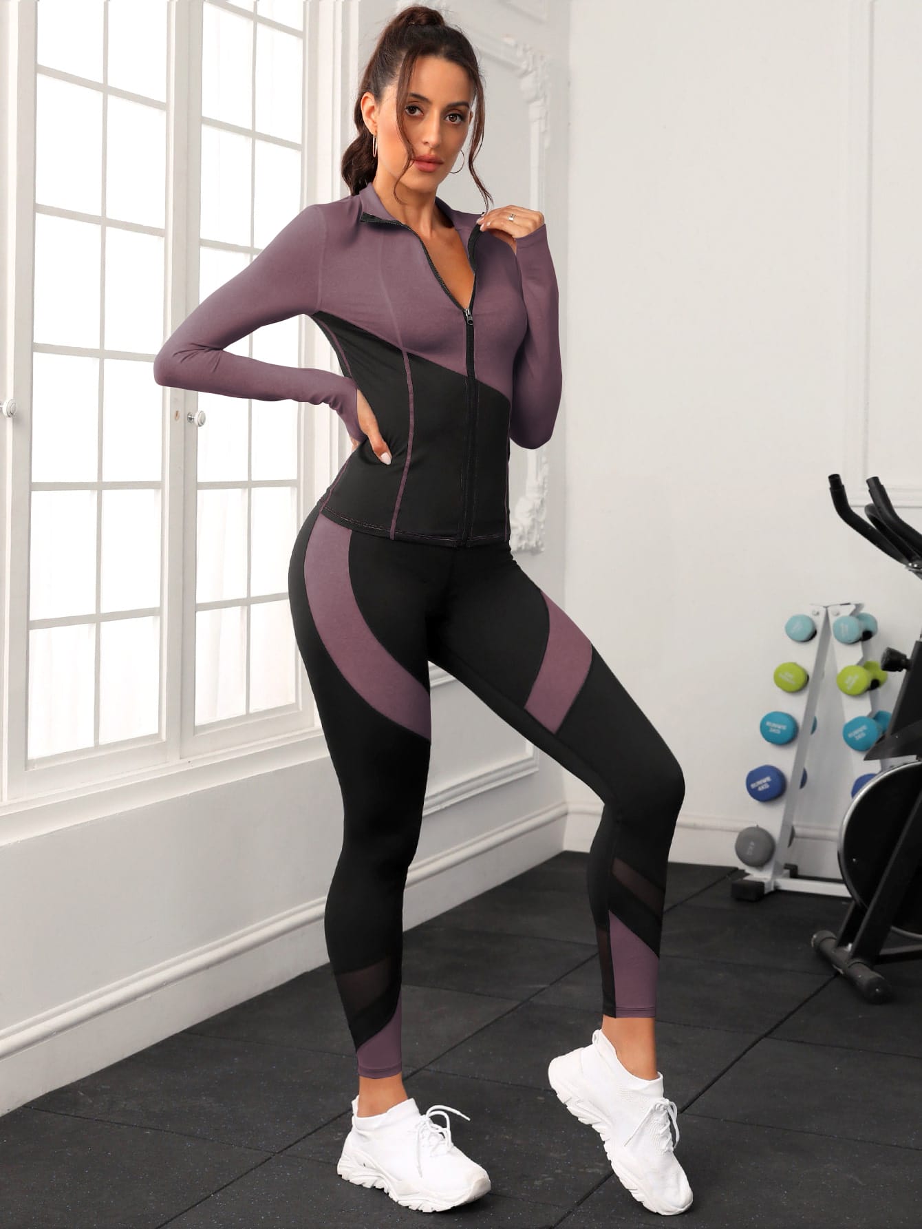 Yoga Basic Two Tone Mesh Insert Zip Up Sports Set