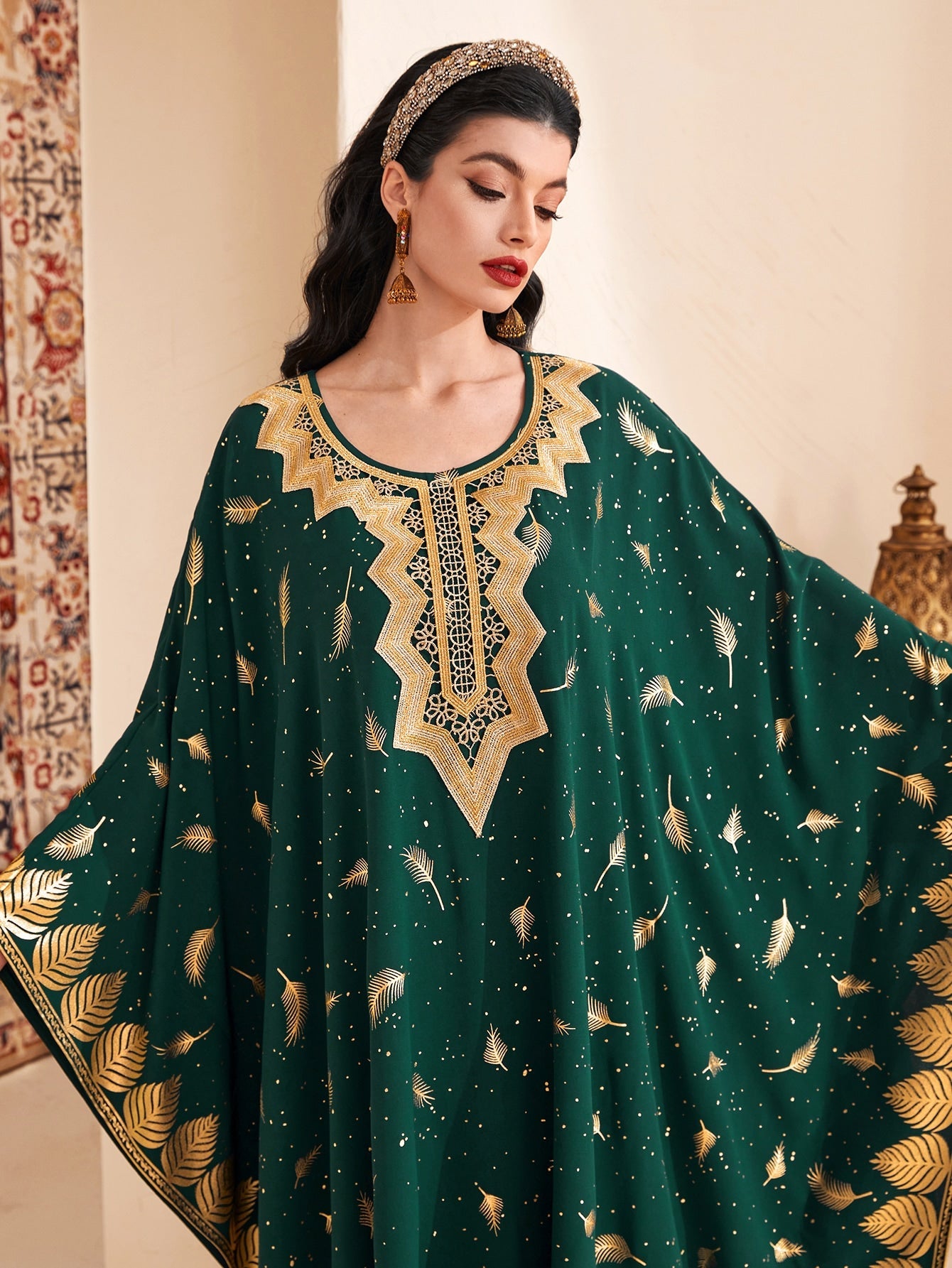 Najma Gold Feather Print Batwing Sleeve Kaftan