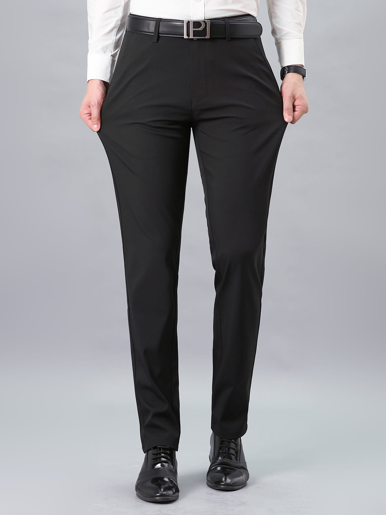 Men Solid Slant Pocket Suit Pants Without Belt