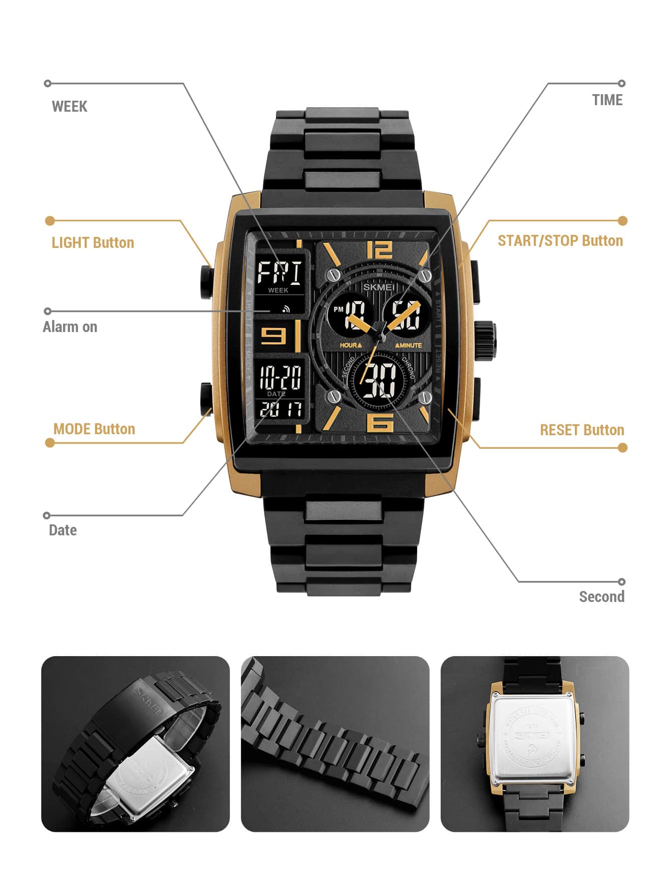 SKMEI 1pc Black TPU Strap Vintage Stopwatch Water Resistant Calendar 24 Hour Square Dial Digital Watch, For Daily Life