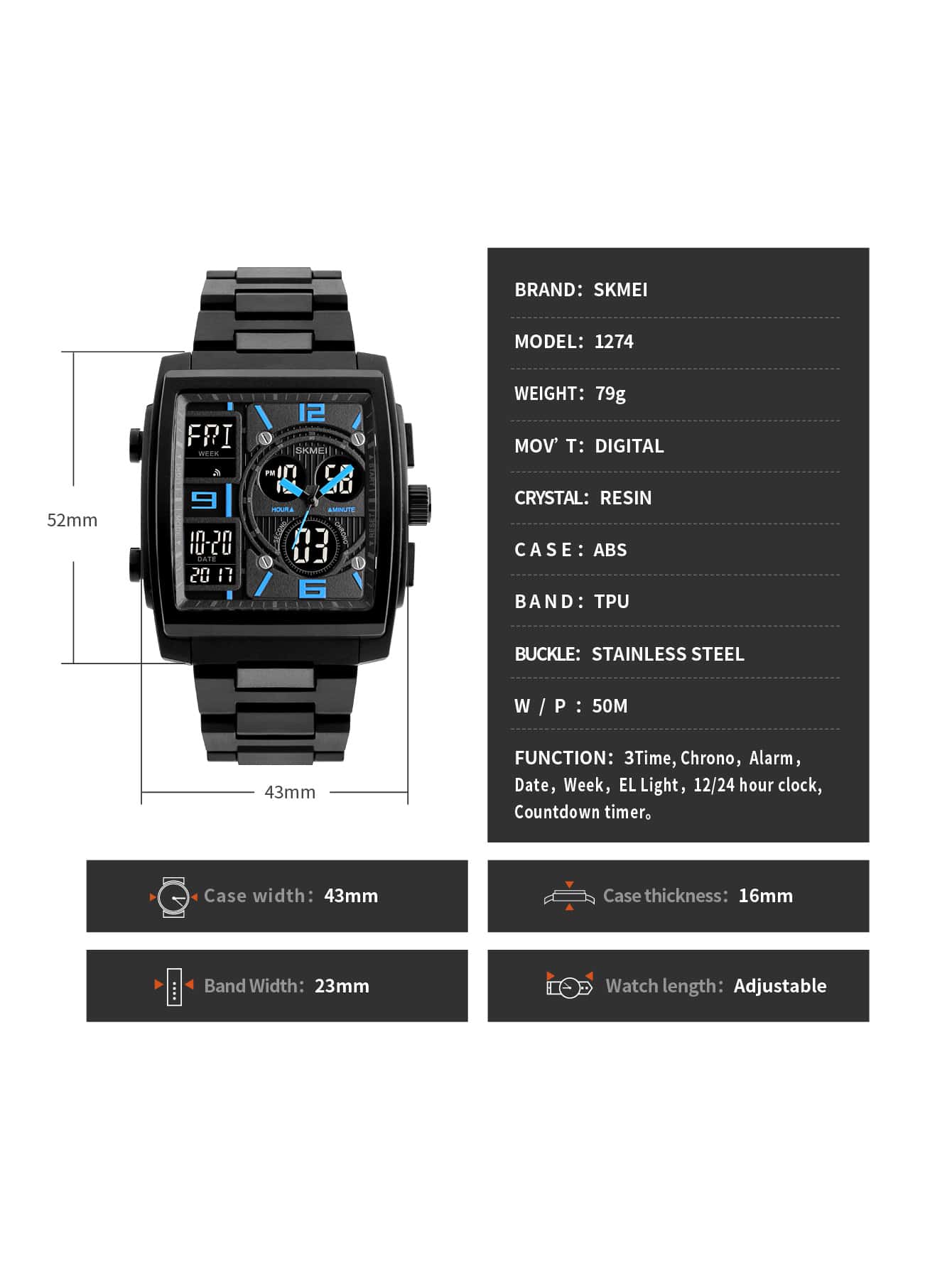 SKMEI 1pc Black TPU Strap Vintage Stopwatch Water Resistant Calendar 24 Hour Square Dial Digital Watch, For Daily Life