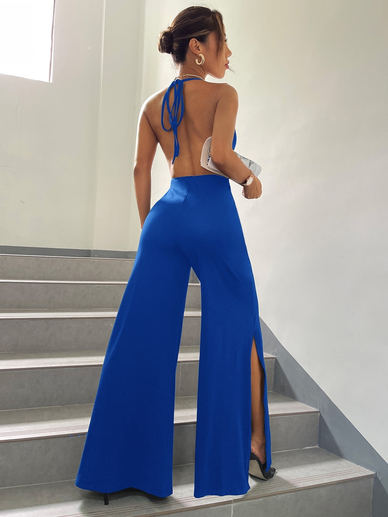 Essnce Draped Split Hem Wide Leg Tie Backless Halter Jumpsuit