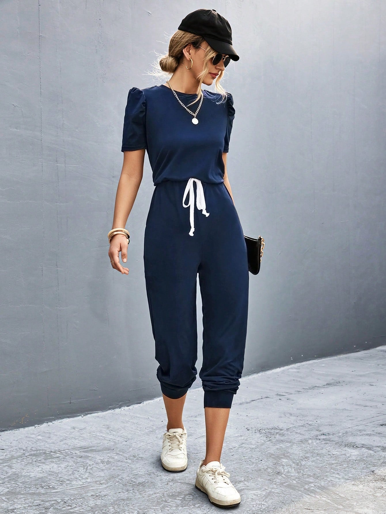 LUNE Puff Sleeve Knot Front Jumpsuit