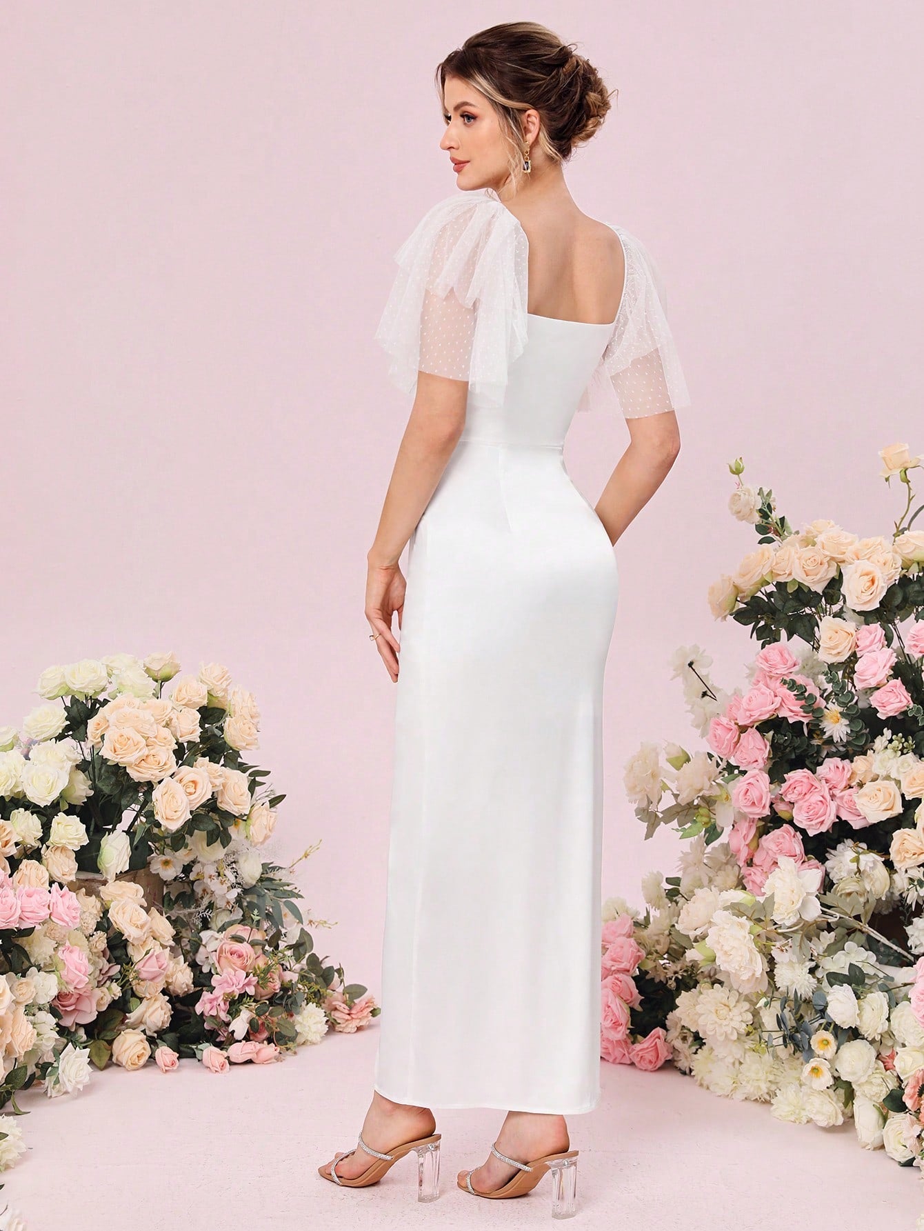 Belle Contrast Mesh Butterfly Sleeve Wrap Hem Wedding Dress