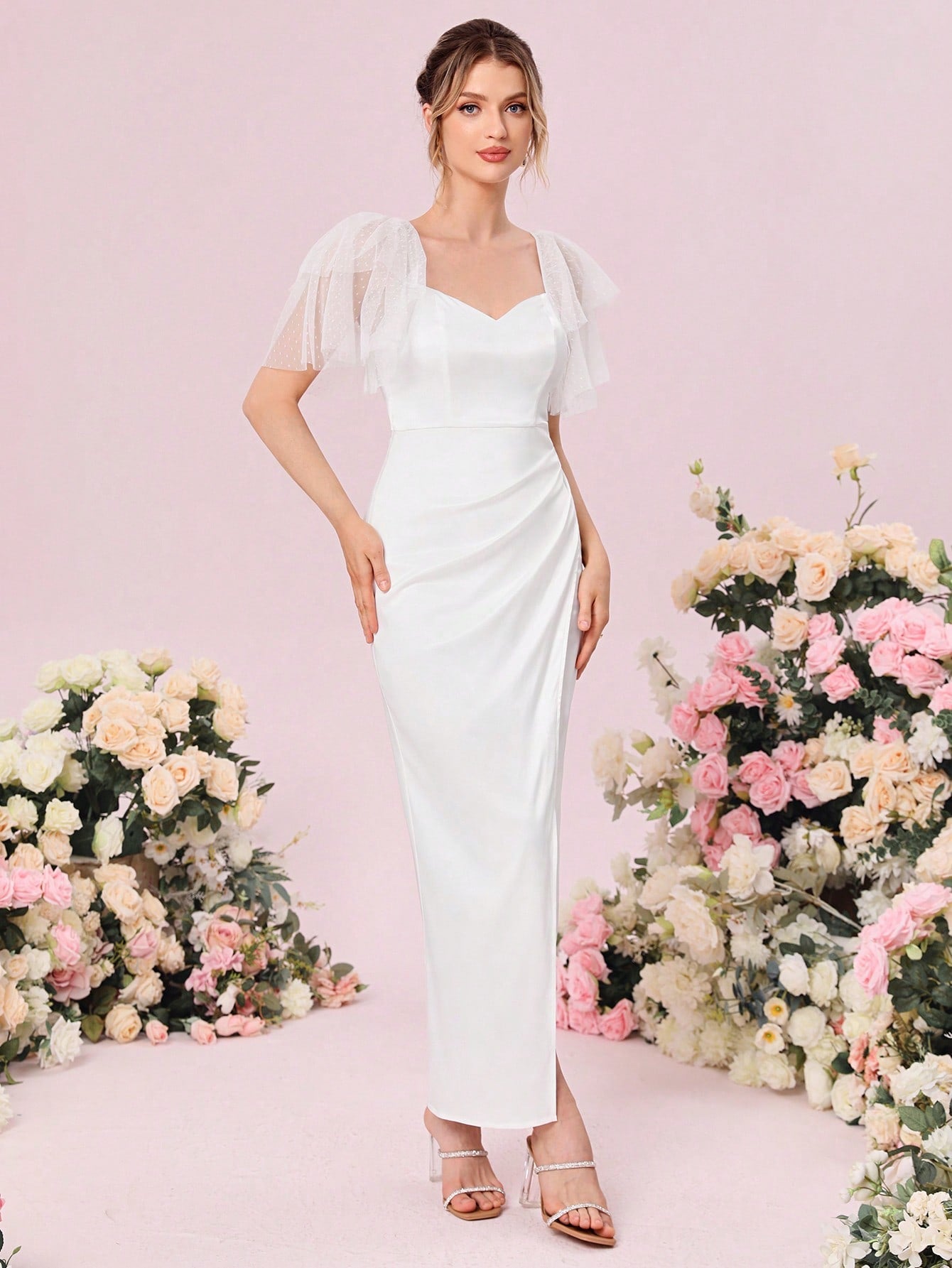 Belle Contrast Mesh Butterfly Sleeve Wrap Hem Wedding Dress