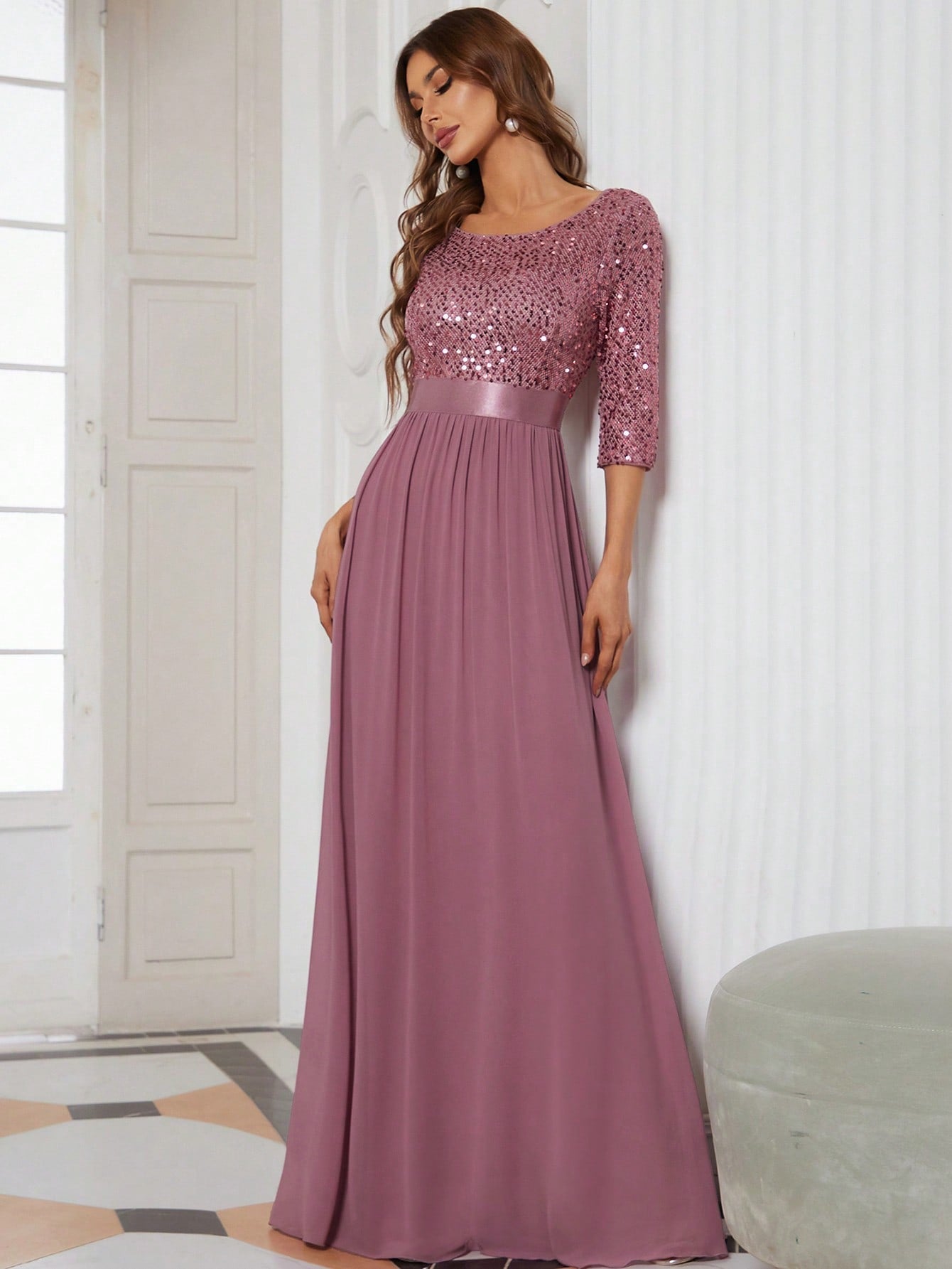 EVER-PRETTY Contrast Sequin Chiffon Formal Dress