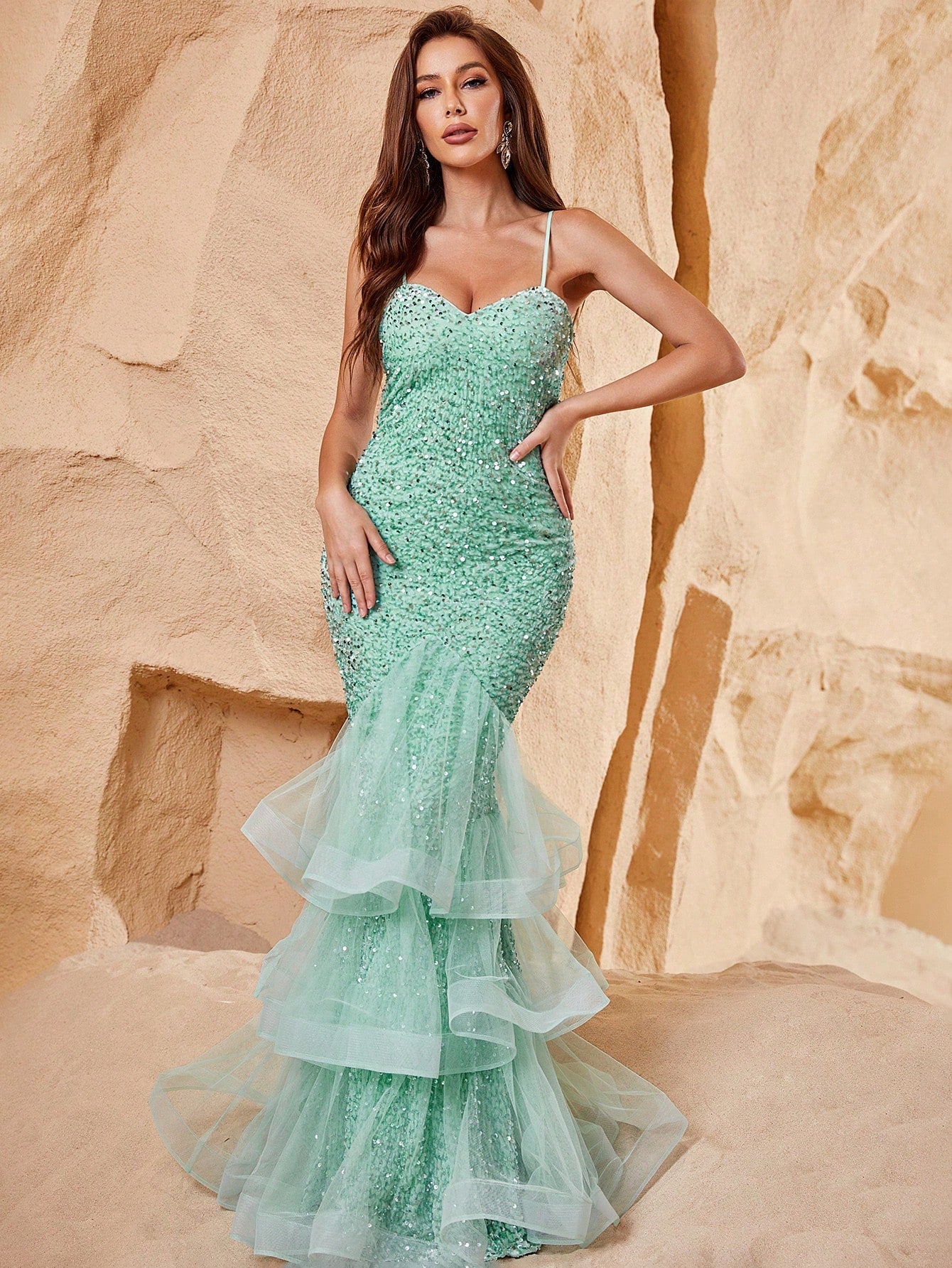 Contrast Mesh Mermaid Hem Sequin Formal Dress