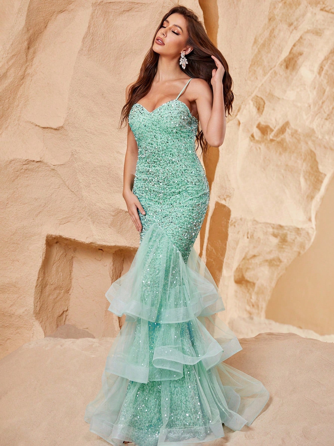 Contrast Mesh Mermaid Hem Sequin Formal Dress