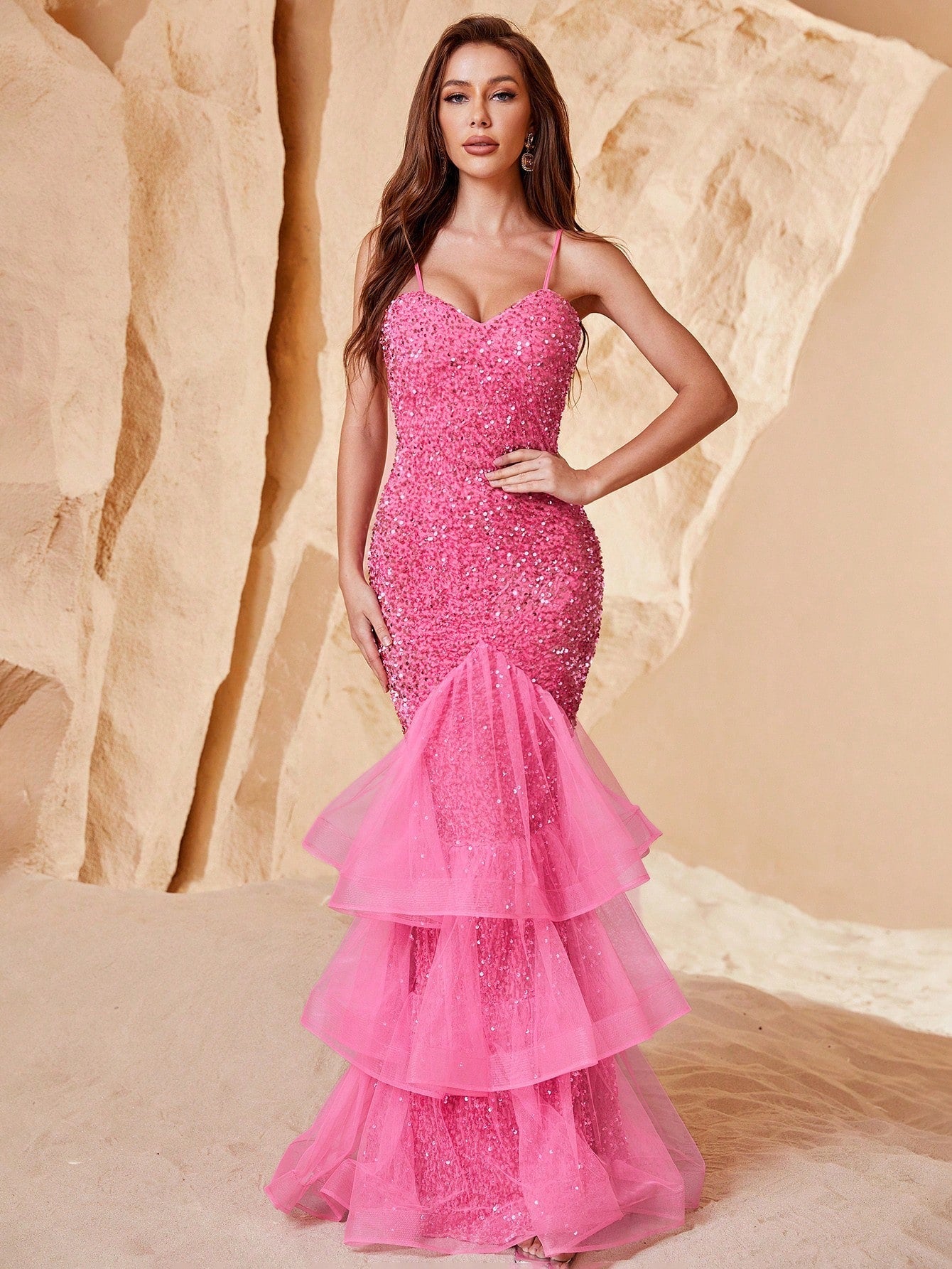 Contrast Mesh Mermaid Hem Sequin Formal Dress