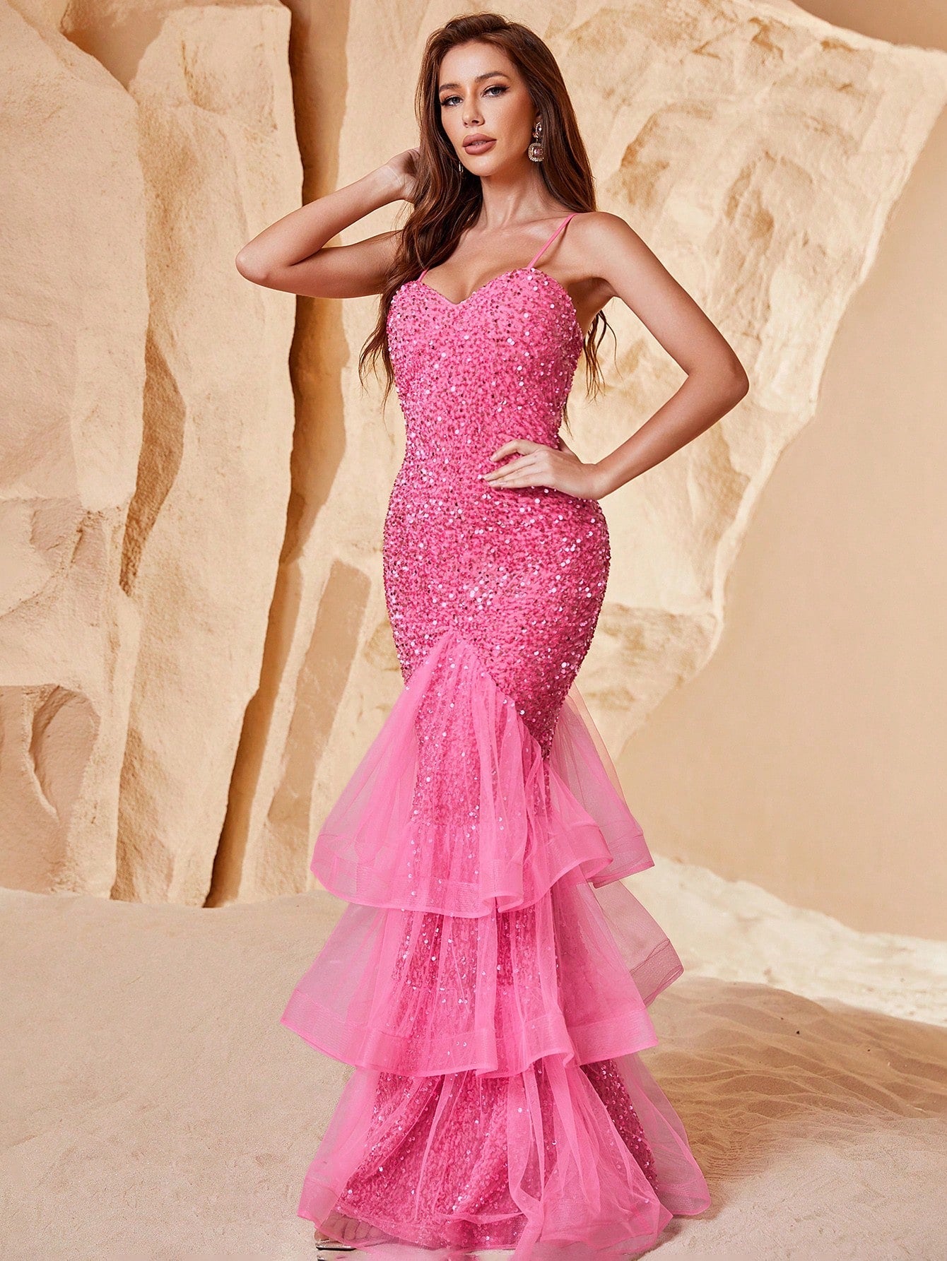 Contrast Mesh Mermaid Hem Sequin Formal Dress