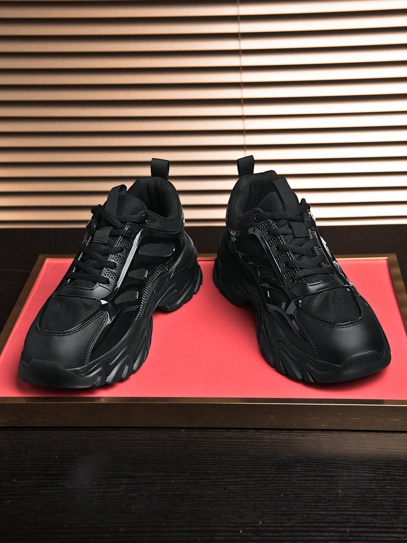 Sporty Chunky Sneakers For Men, Black Lace-up Front Sneakers