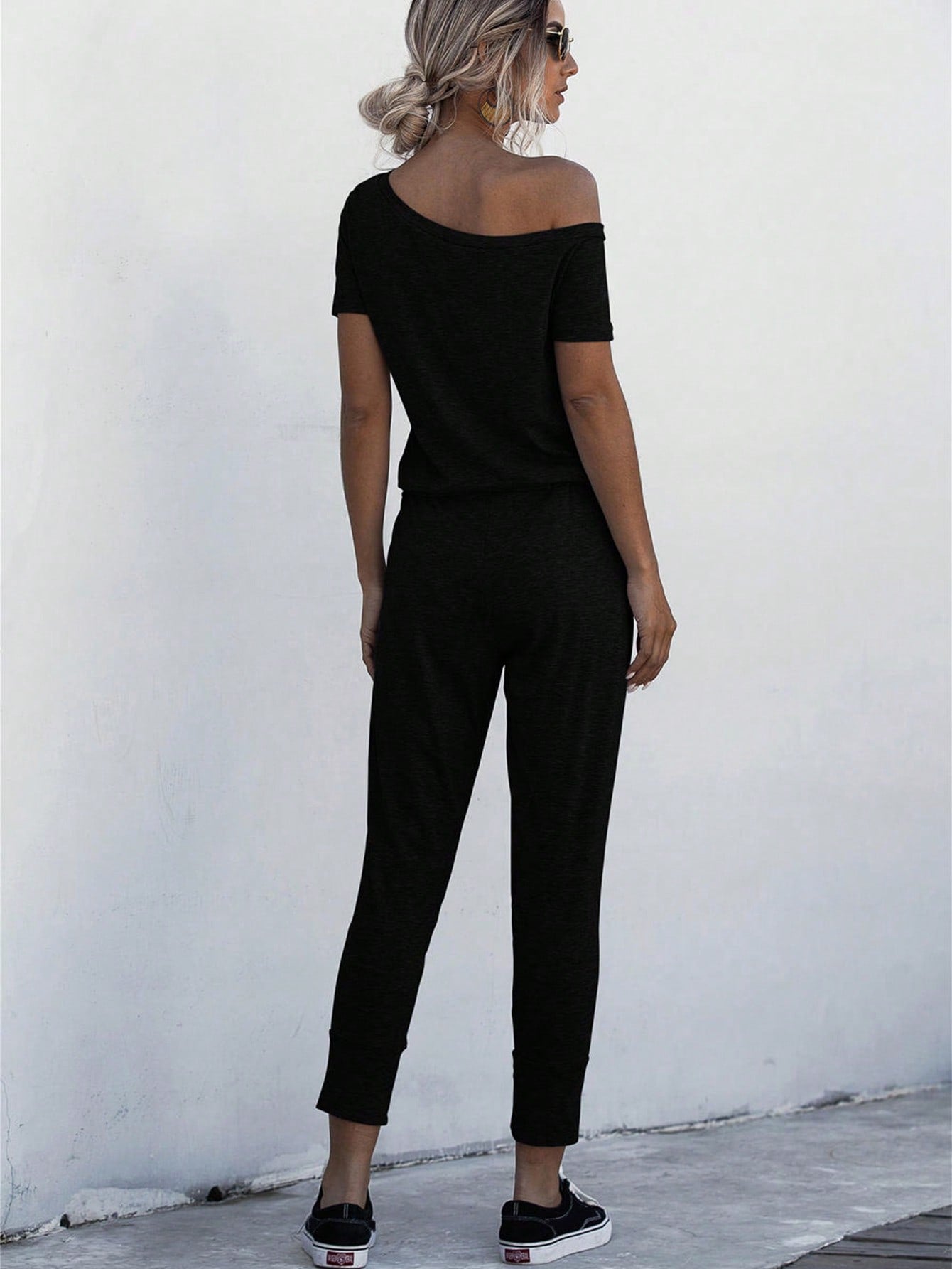 LUNE Asymmetrical Neck Drawstring Waist Slant Pocket Jumpsuit