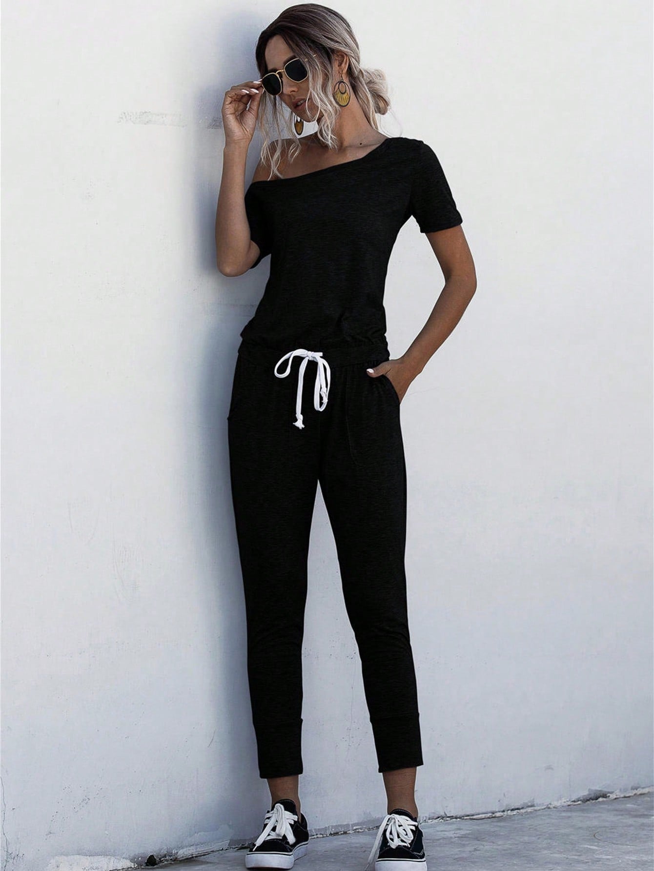 LUNE Asymmetrical Neck Drawstring Waist Slant Pocket Jumpsuit