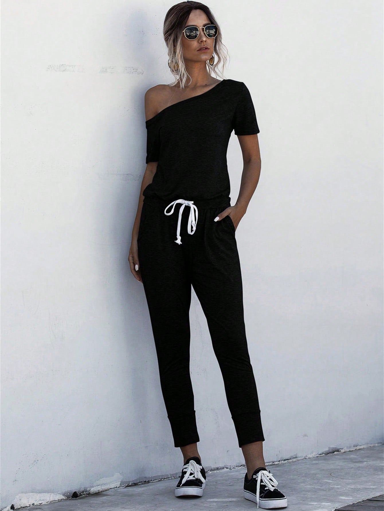 LUNE Asymmetrical Neck Drawstring Waist Slant Pocket Jumpsuit