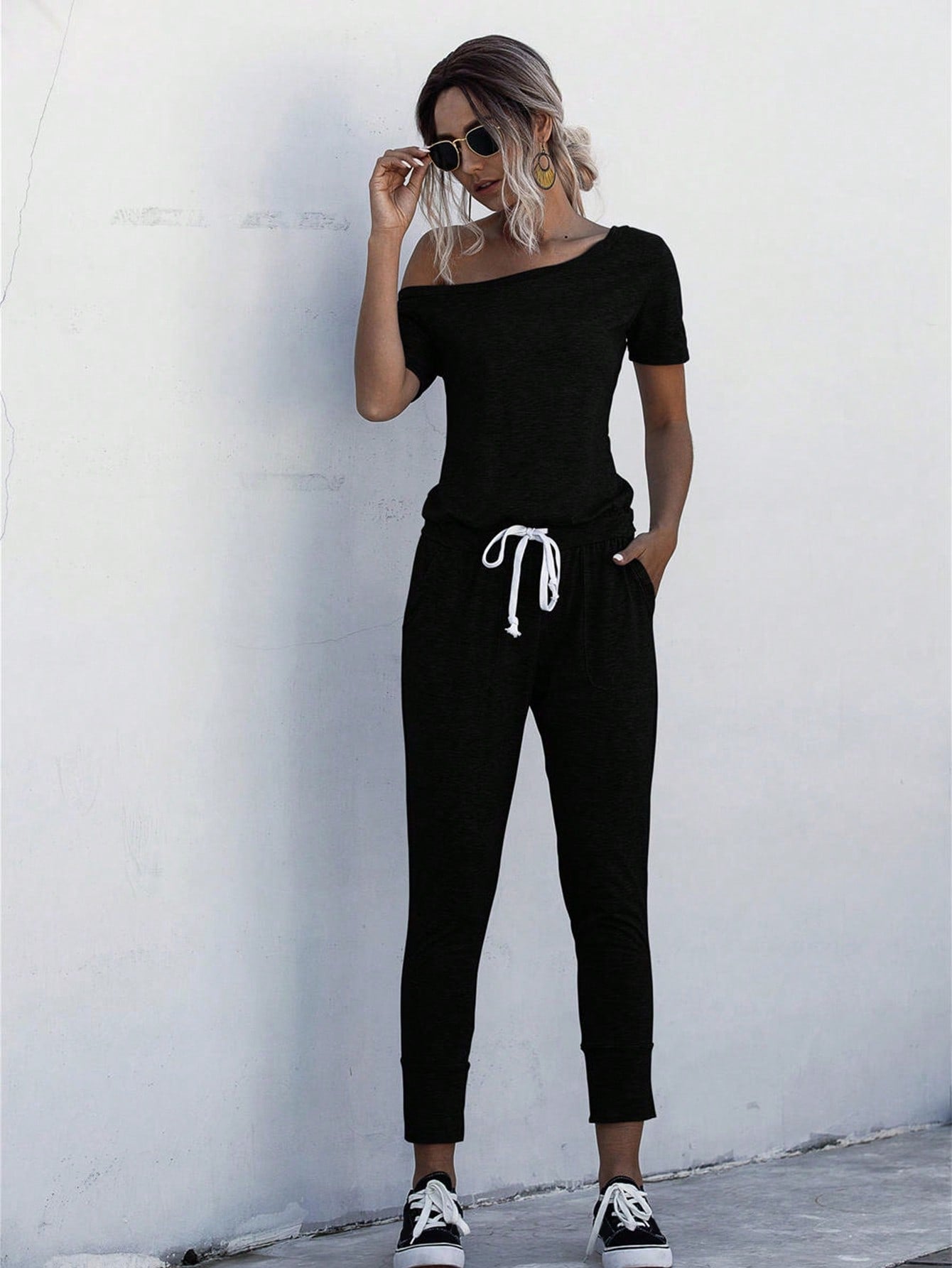 LUNE Asymmetrical Neck Drawstring Waist Slant Pocket Jumpsuit