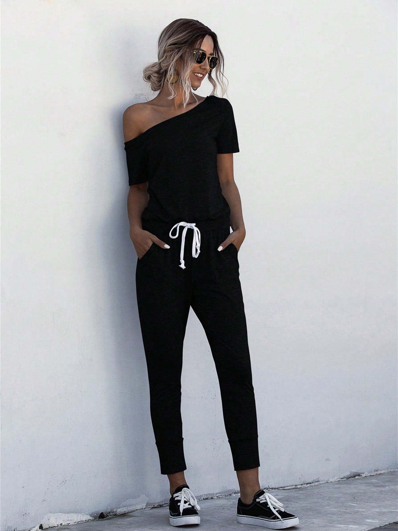 LUNE Asymmetrical Neck Drawstring Waist Slant Pocket Jumpsuit