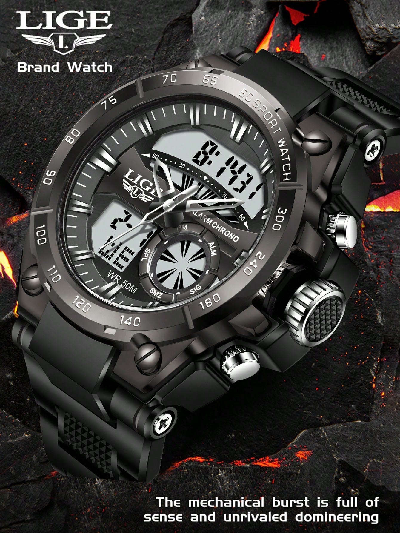 LIGE 1pc Black Silicone Strap Sporty Date 24 Hour Chronograph Round Dial Digital Watch, For Daily Life