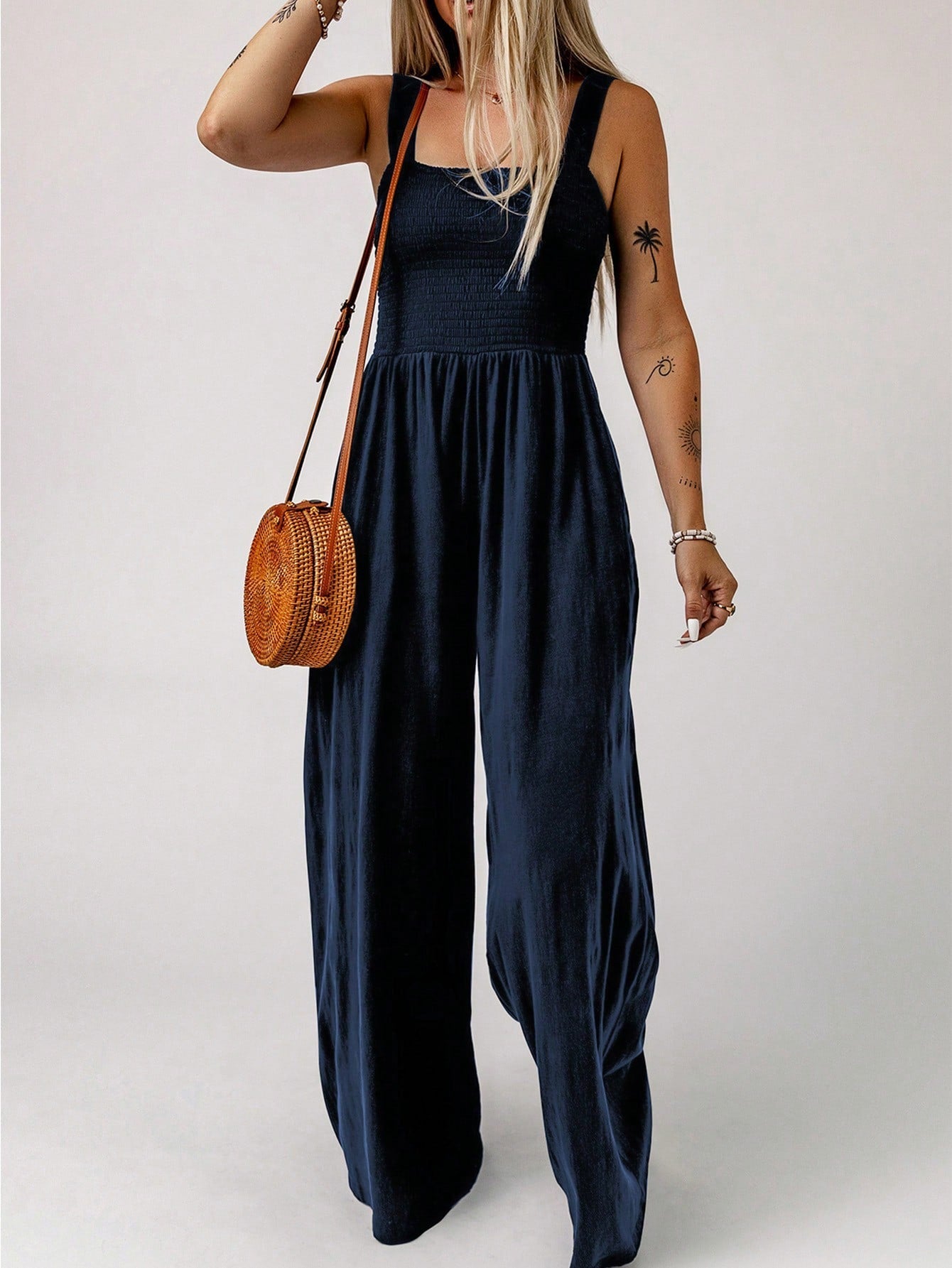 Acelitt Solid Slant Pocket Wide Leg Cami Jumpsuit